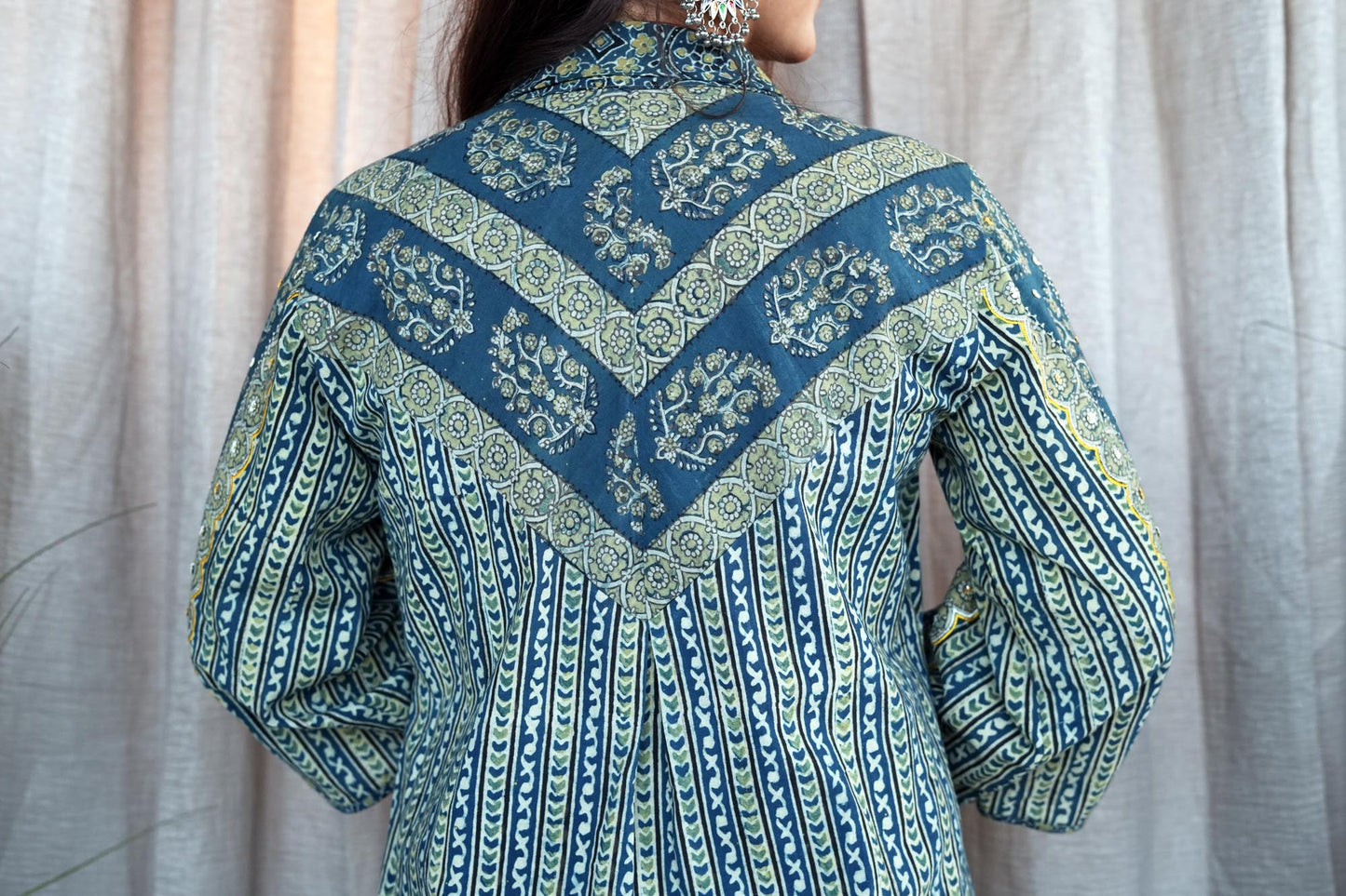 Green Ajrakh Cotton Silk Embroidered Suit Set-Set of 3