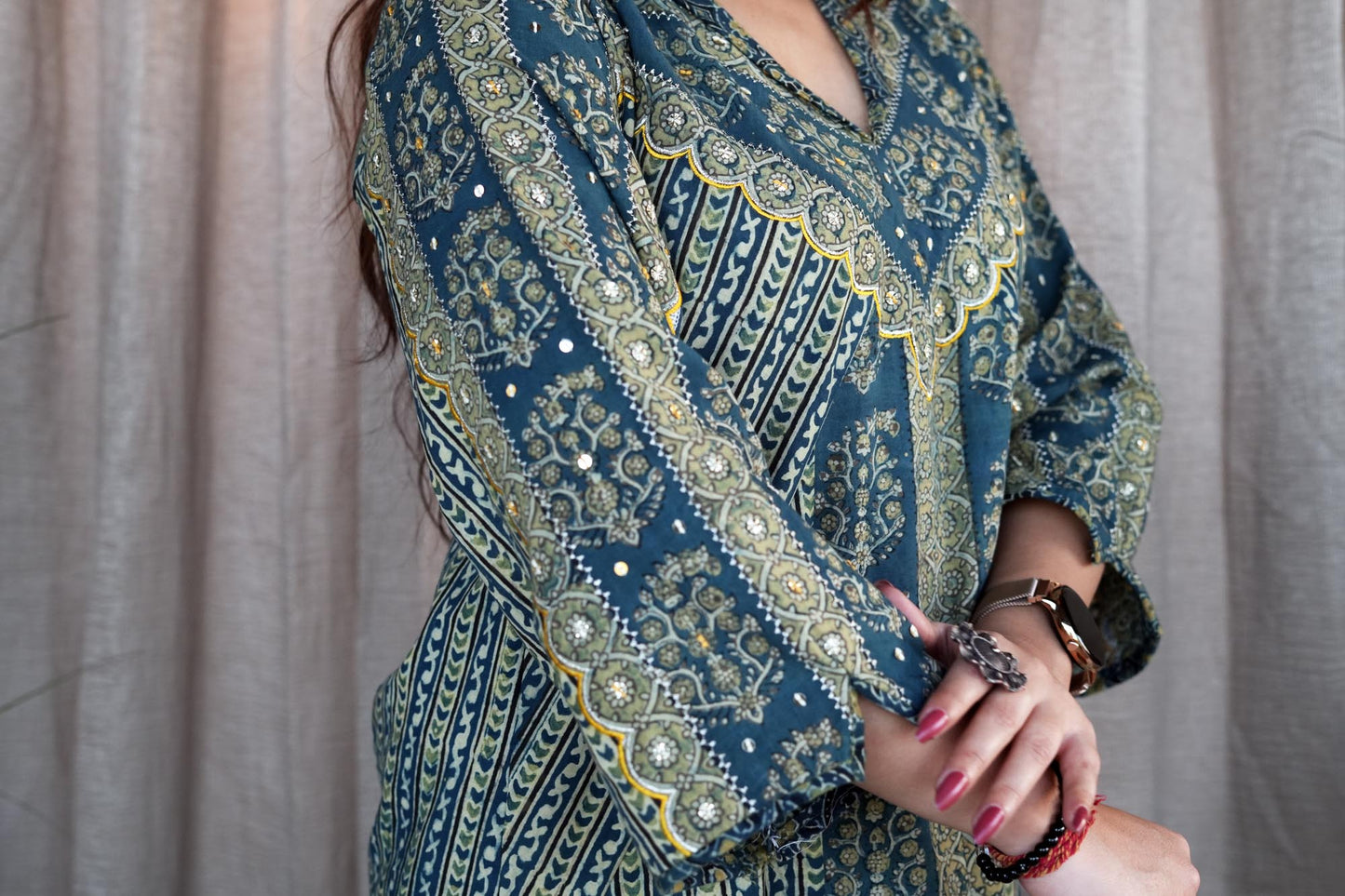 Green Ajrakh Cotton Silk Embroidered Suit Set-Set of 3
