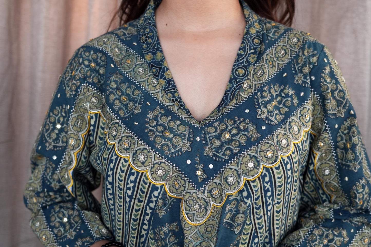 Green Ajrakh Cotton Silk Embroidered Suit Set-Set of 3