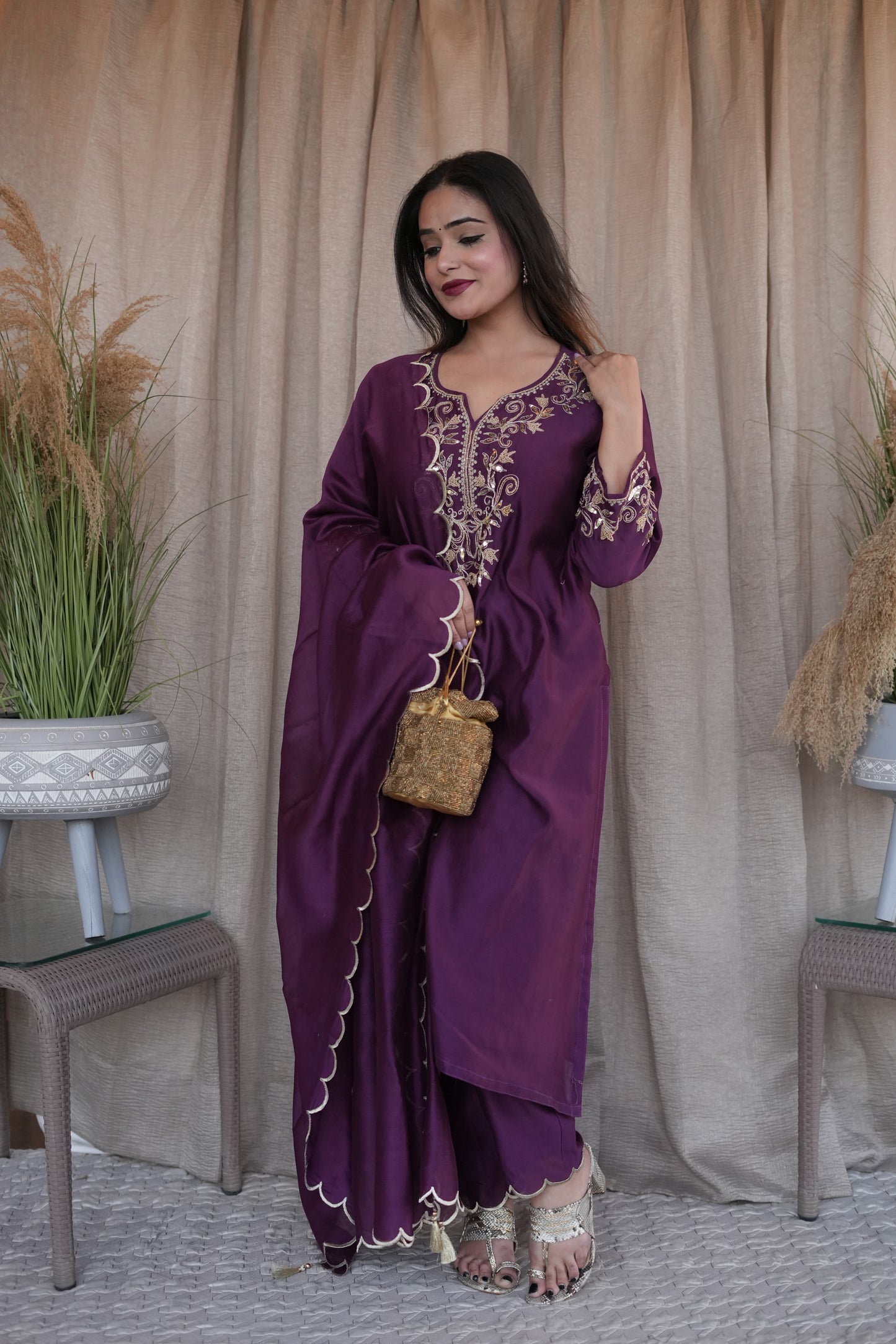 Rose Gold Beaded Chanderi Suit Set