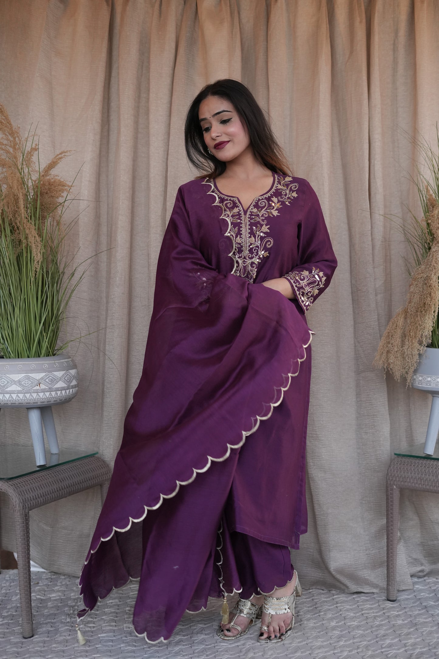 Rose Gold Beaded Chanderi Suit Set