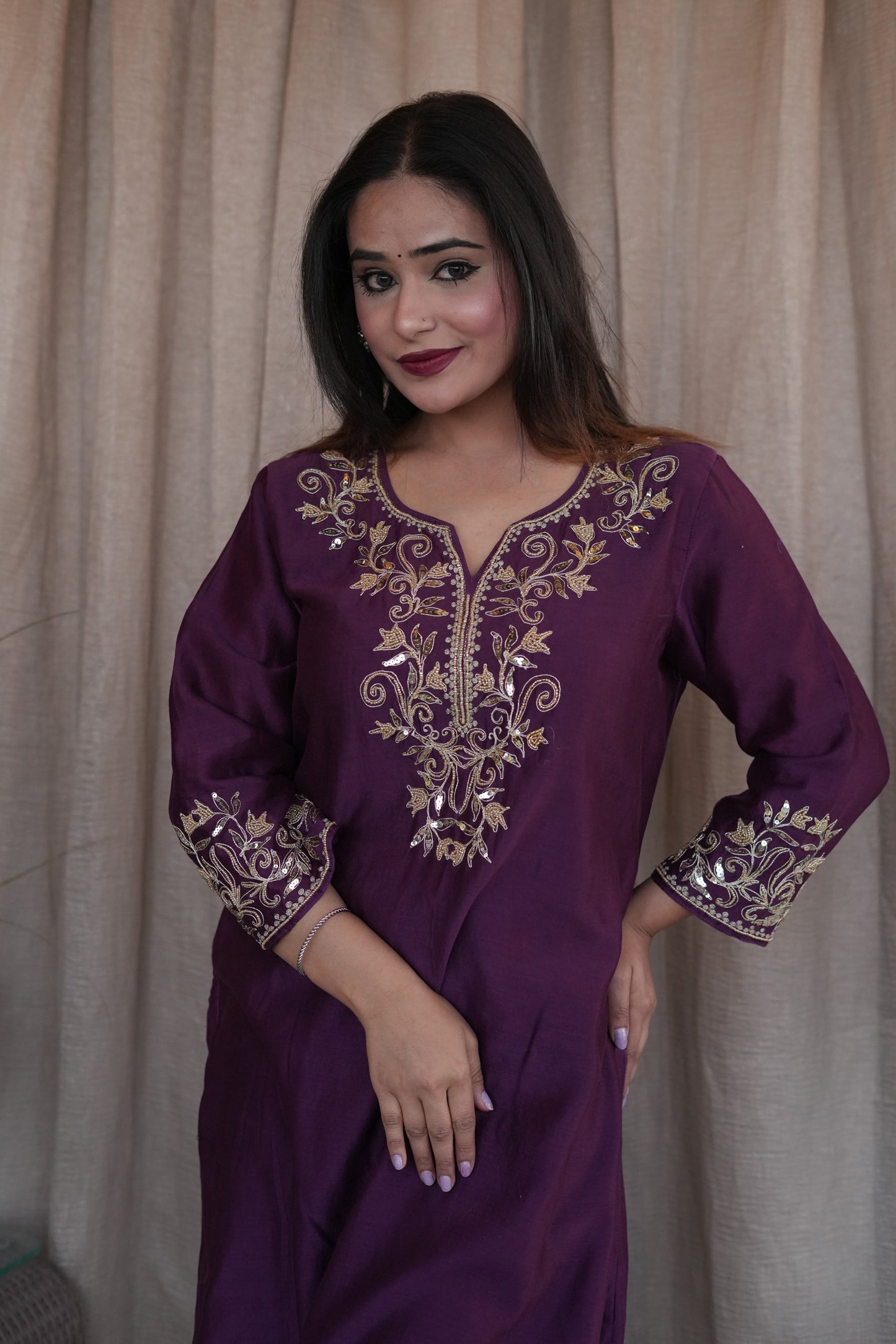 Rose Gold Beaded Chanderi Suit Set
