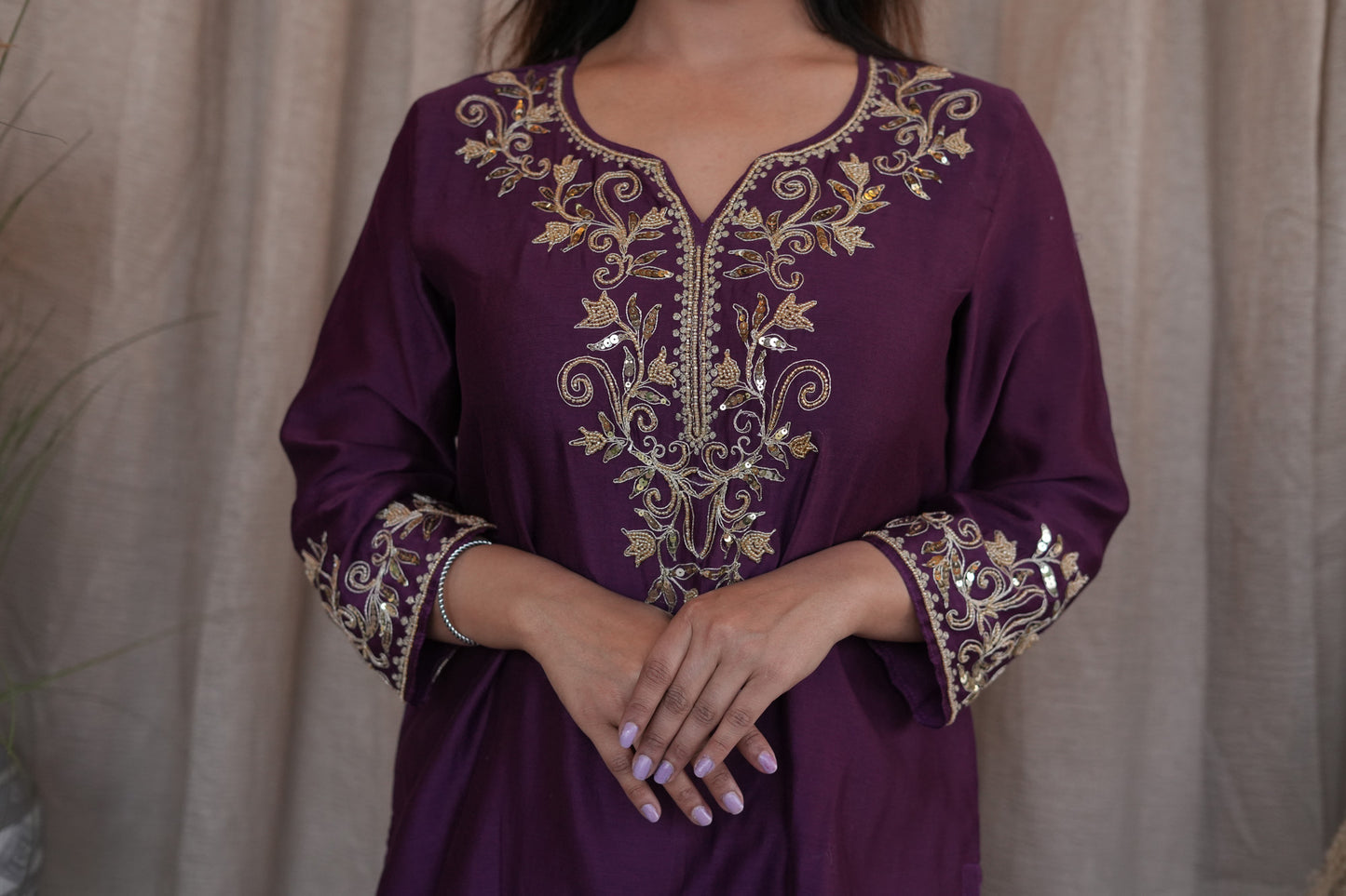 Rose Gold Beaded Chanderi Suit Set