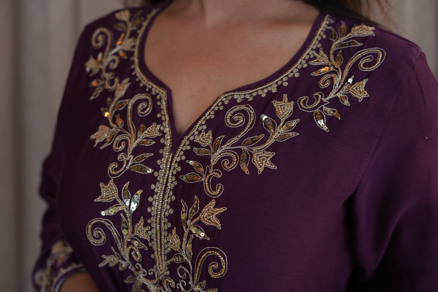 Rose Gold Beaded Chanderi Suit Set