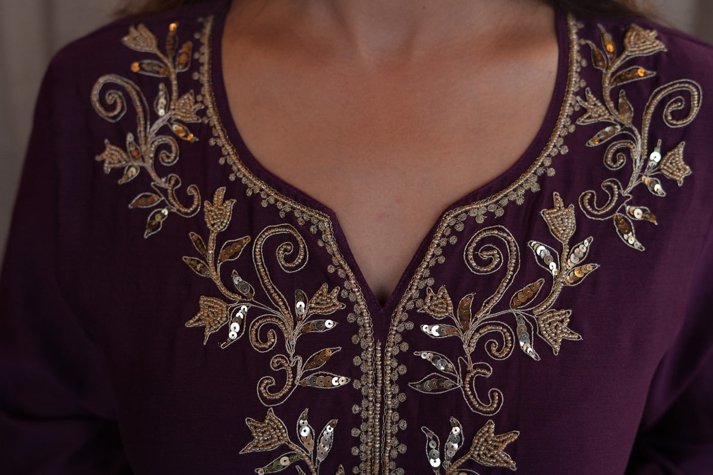 Rose Gold Beaded Chanderi Suit Set