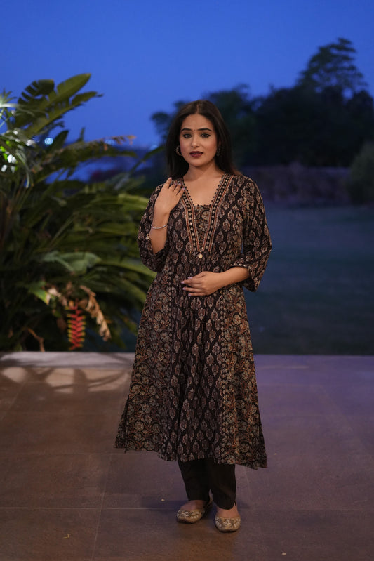 Black Ajrakh coin and sequence embellished kurta pant