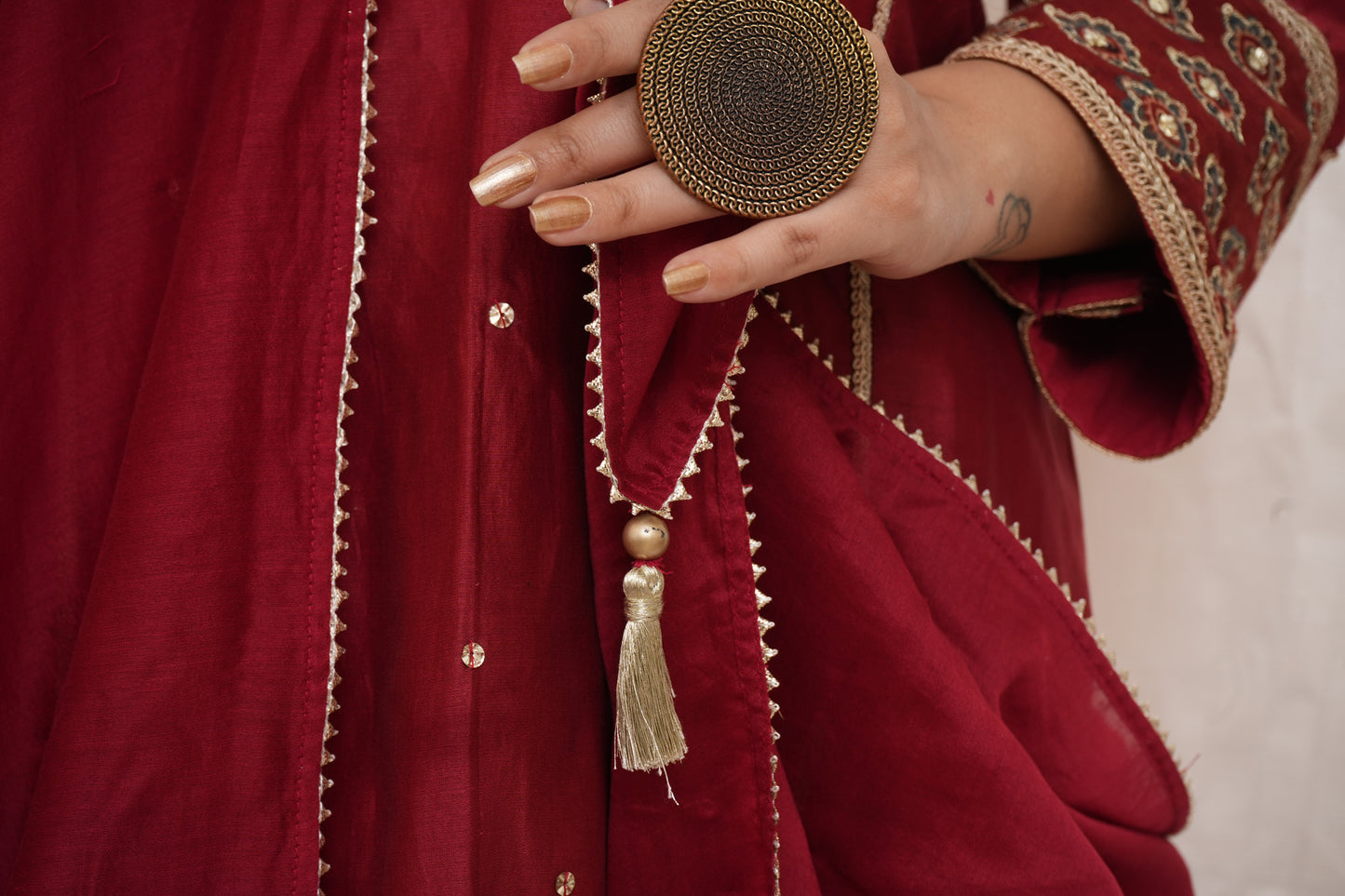 Red Chanderi Golden Sequence Suit Set