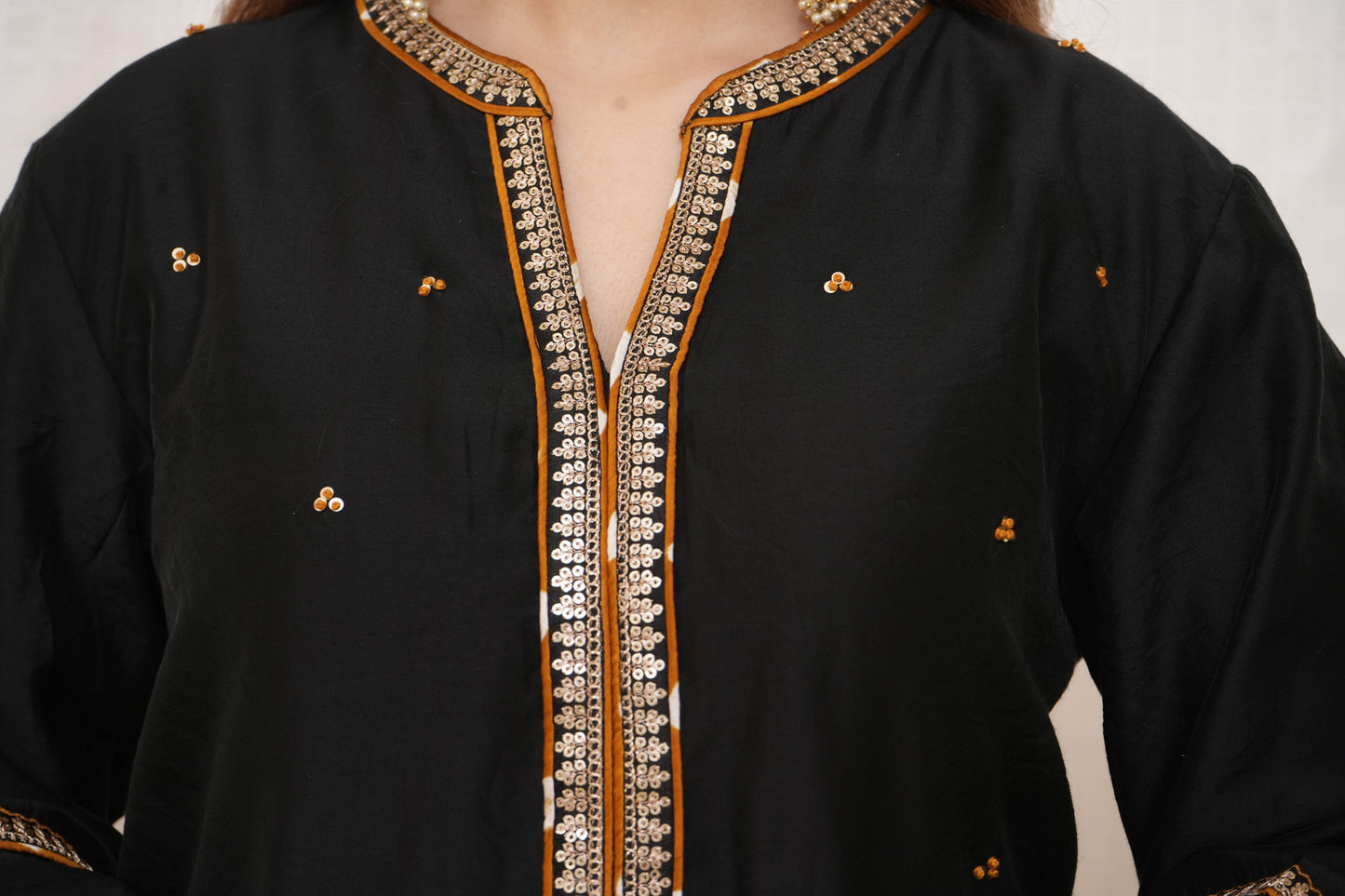 Black sequence embellished Chanderi suitset with yellow dupatta