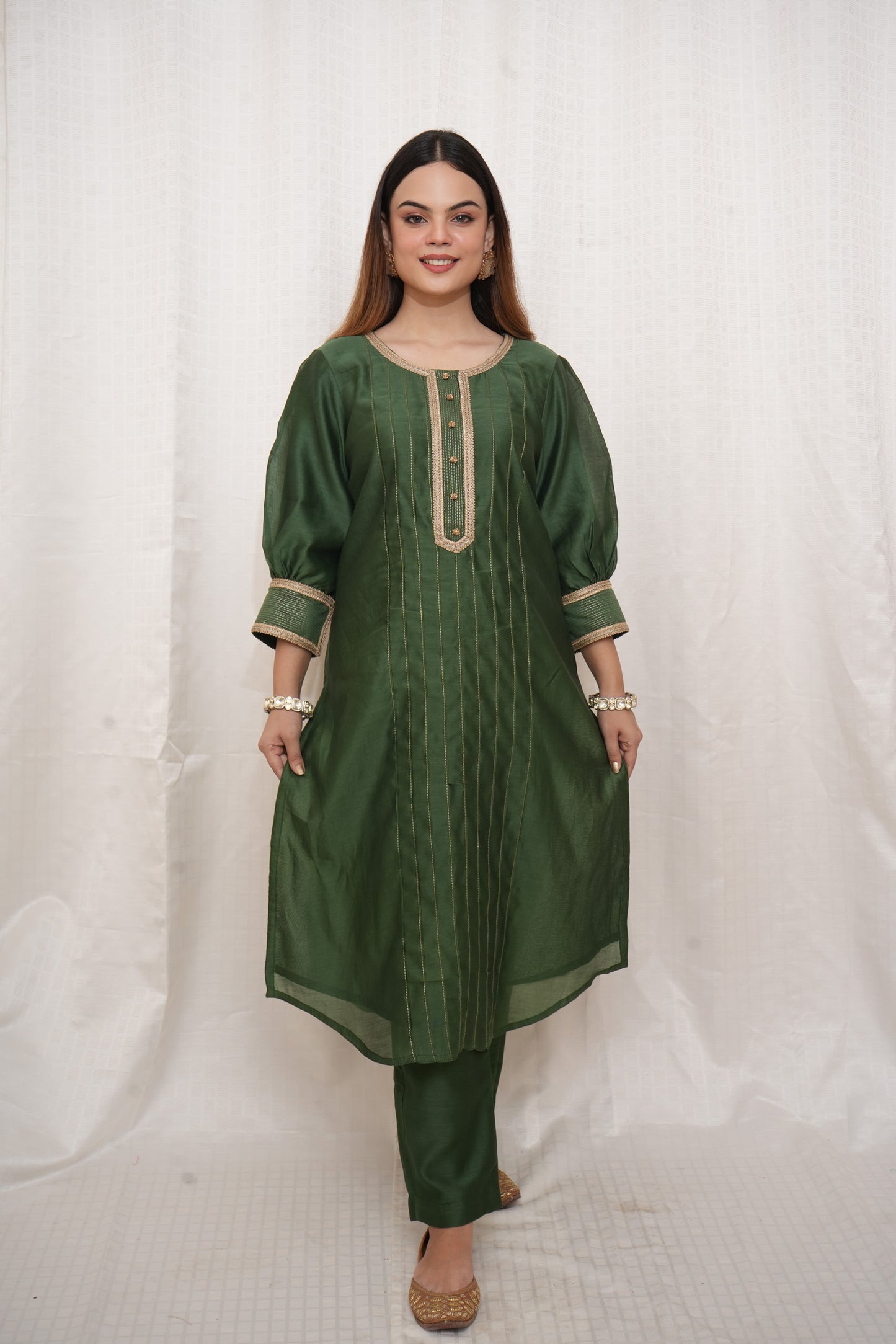 Green Chanderi lace embellished suit