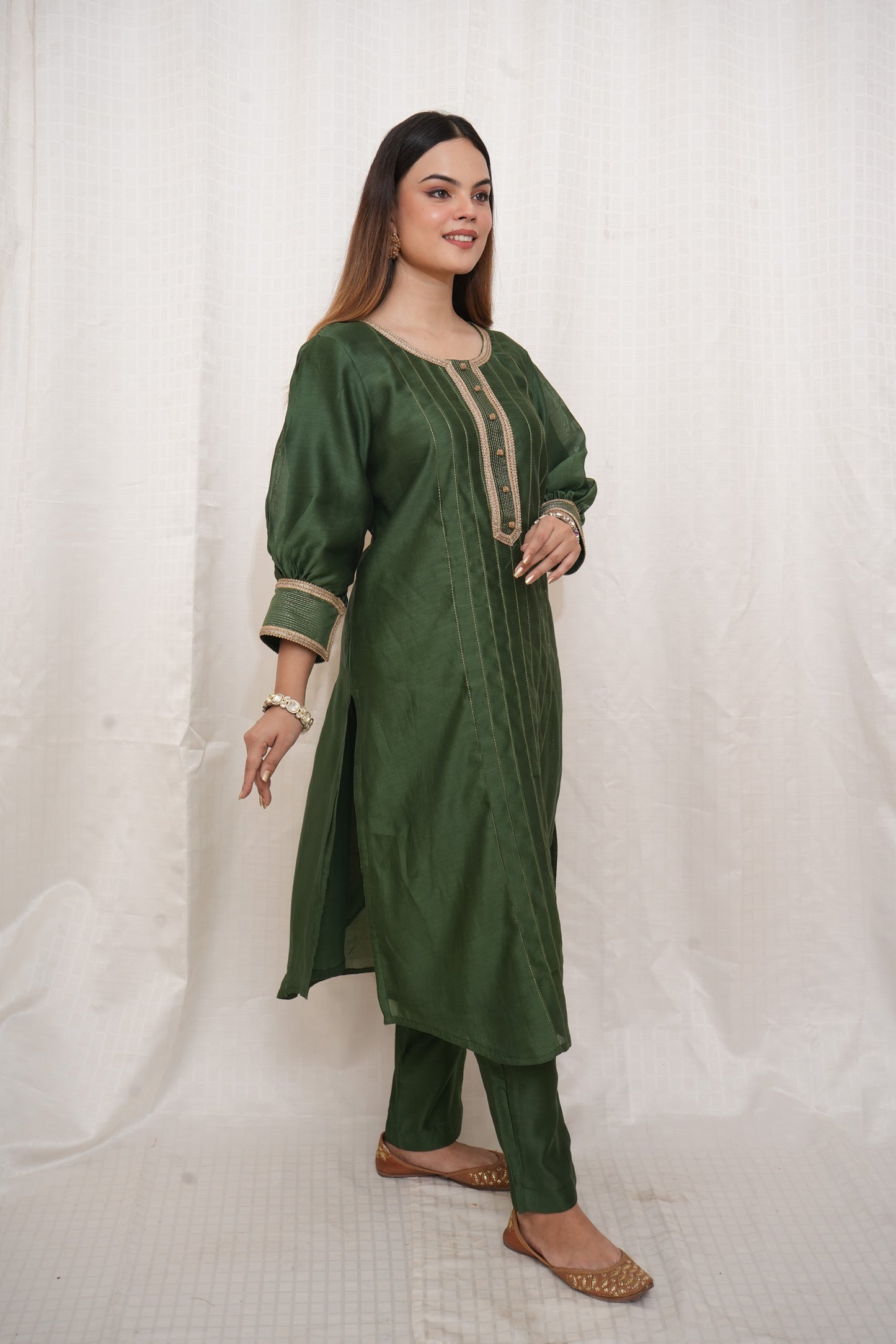Green Chanderi lace embellished suit