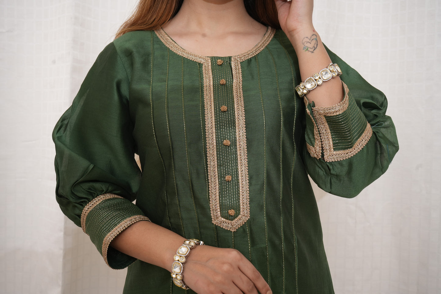 Green Chanderi lace embellished suit