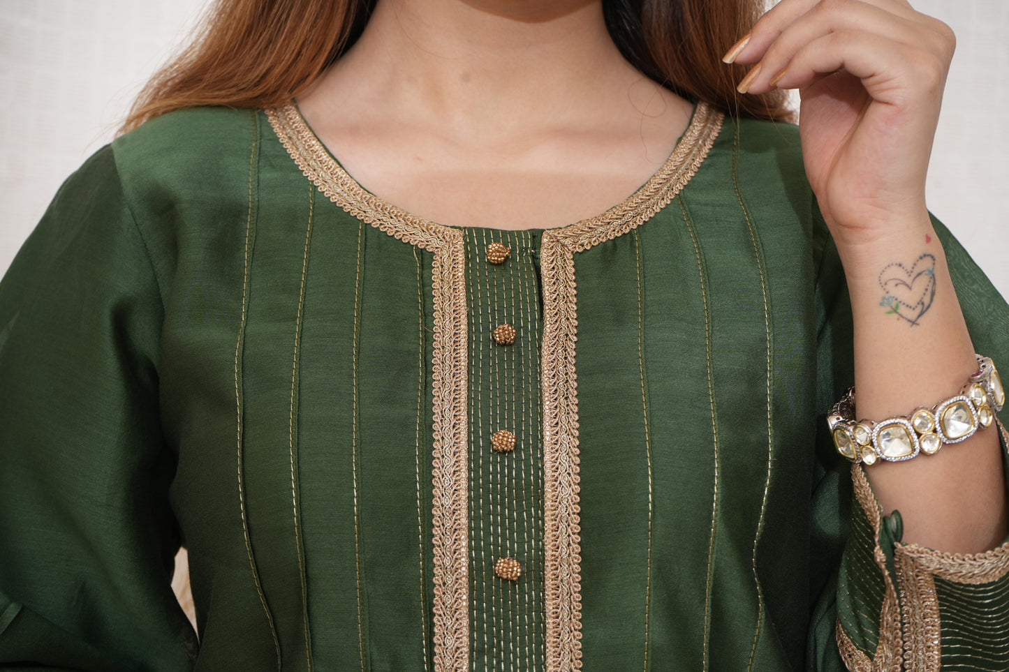 Green Chanderi lace embellished suit