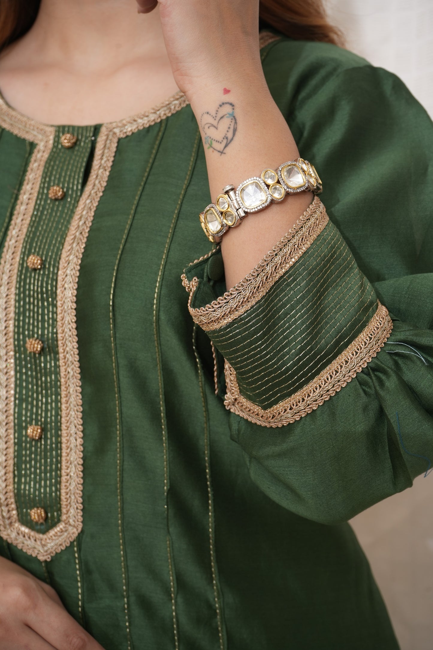 Green Chanderi lace embellished suit