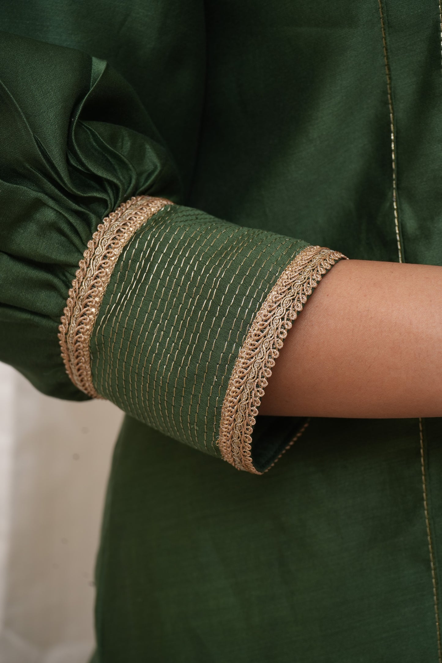 Green Chanderi lace embellished suit
