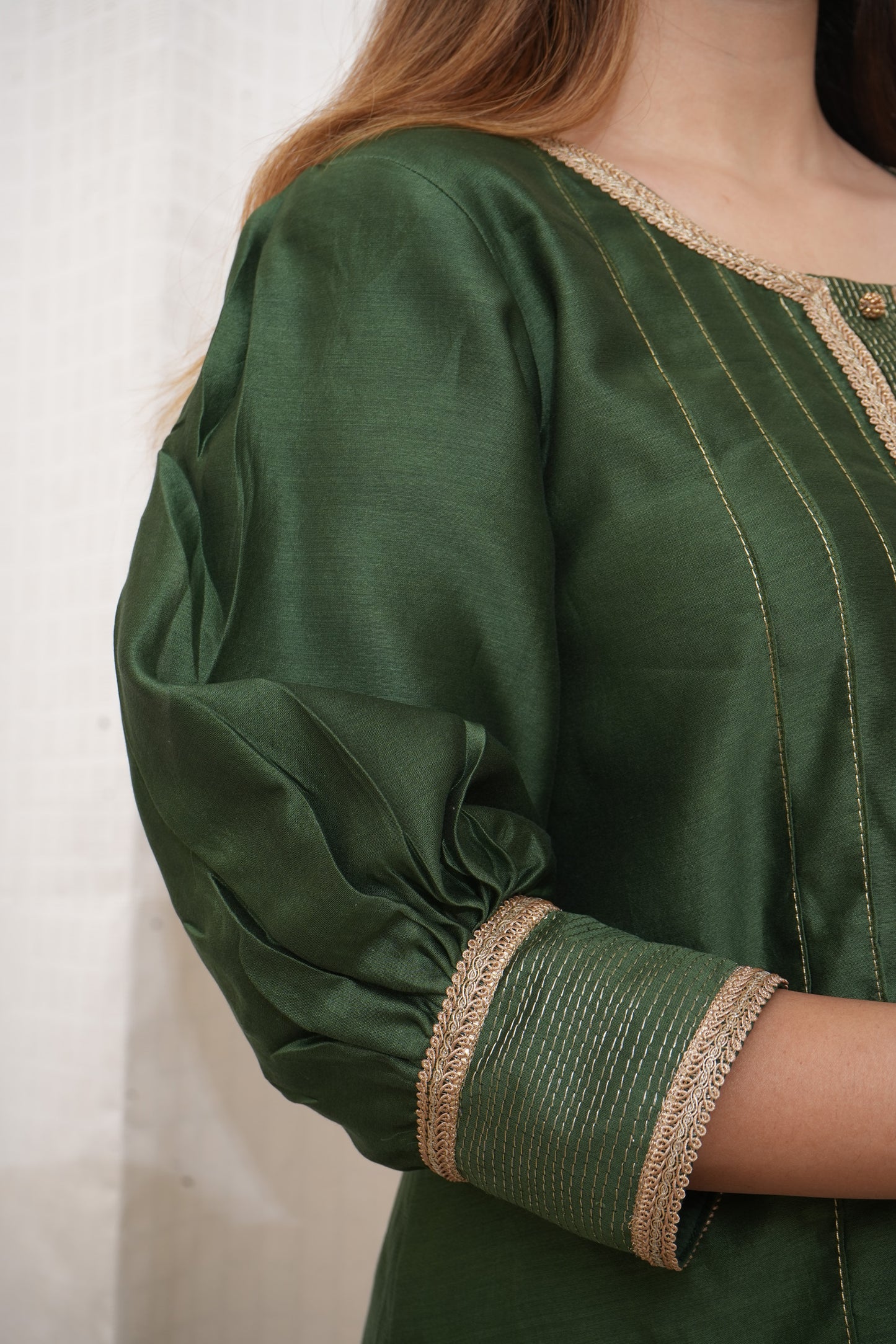 Green Chanderi lace embellished suit