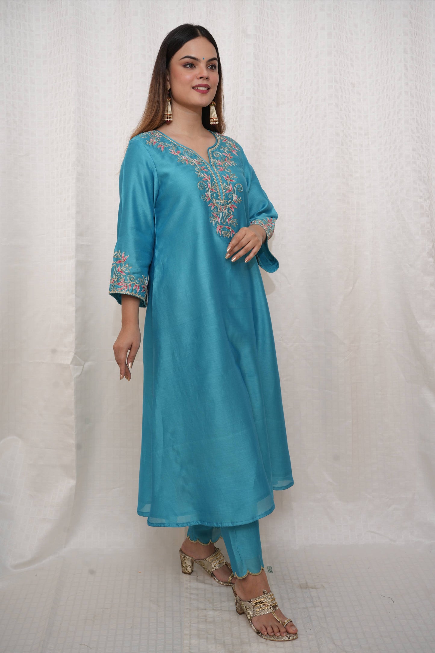 Powder Blue Chanderi Silk Dori and Shaded Suit Set