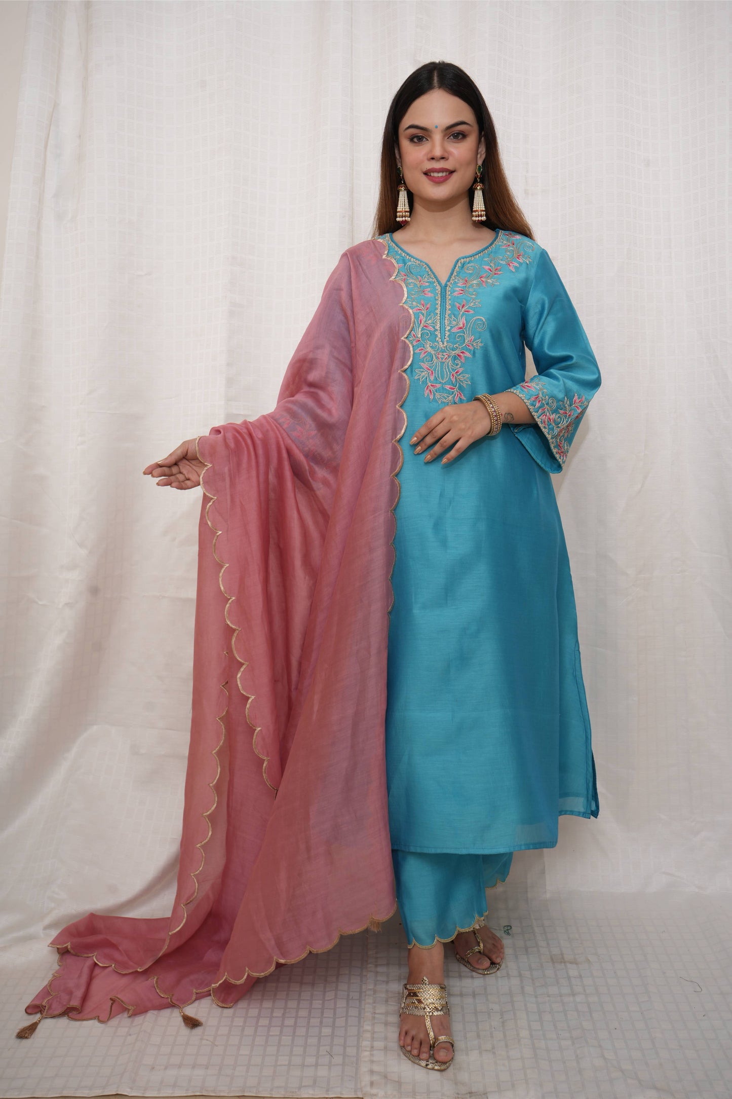 Powder Blue Chanderi Silk Dori and Shaded Suit Set
