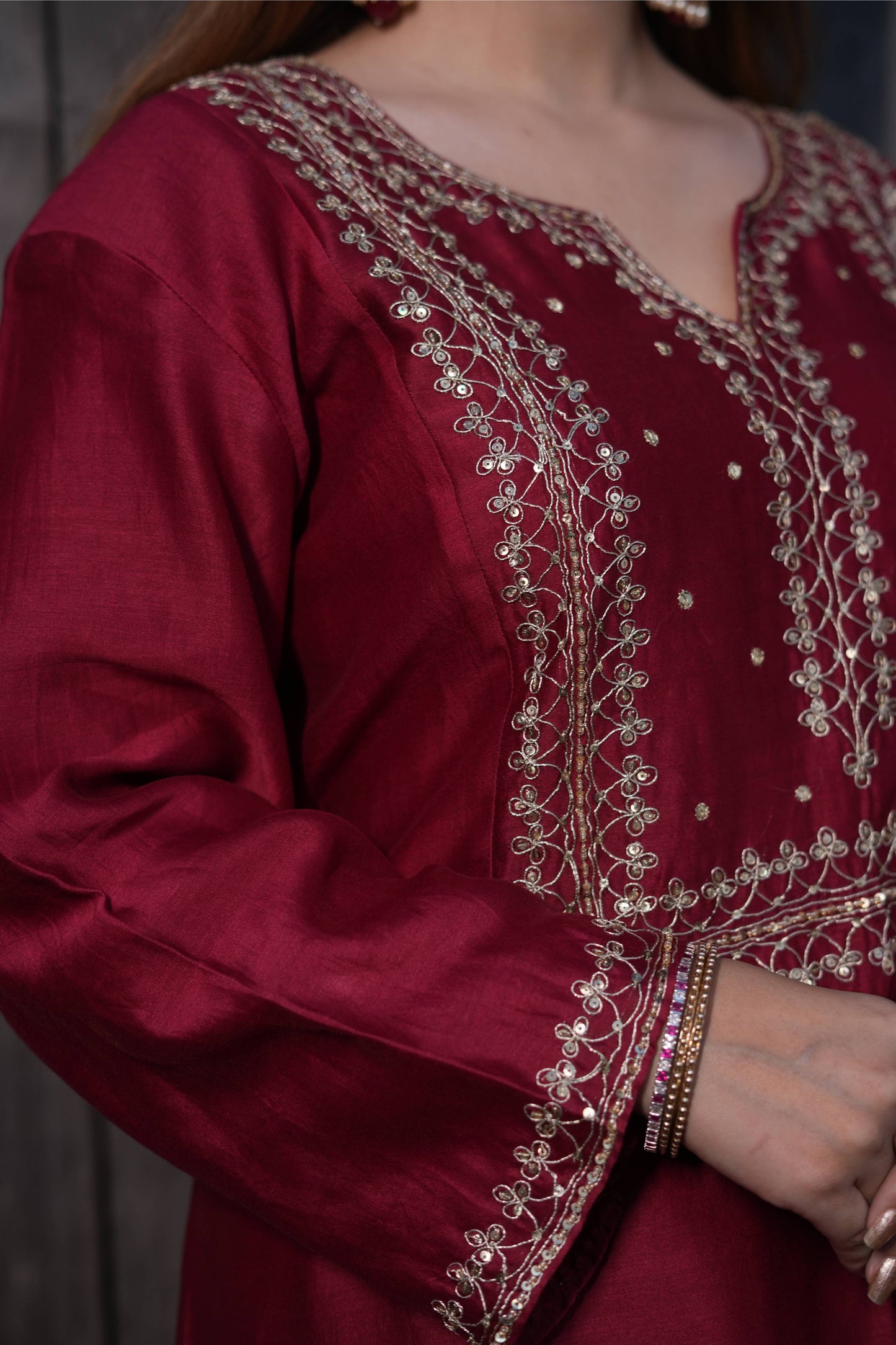 Golden Embroidered Dori And Sequence Embellished Chanderi Silk Suit Set