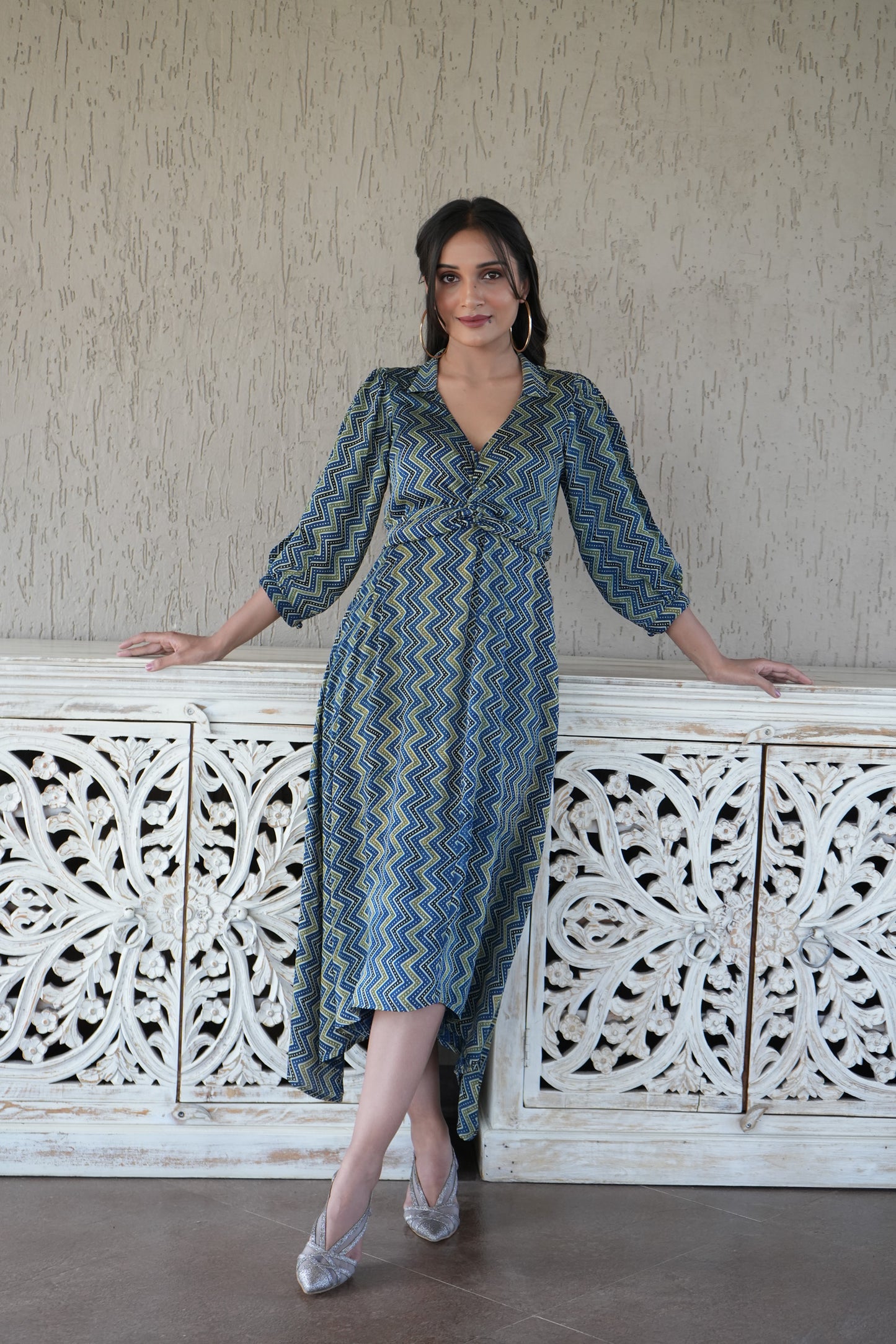 Green zigzag front knot style dress