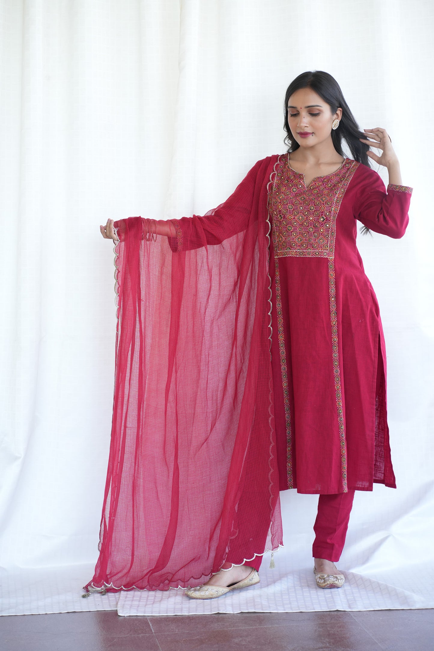 Red Ajrakh patched Cotton slub Kurta Pant