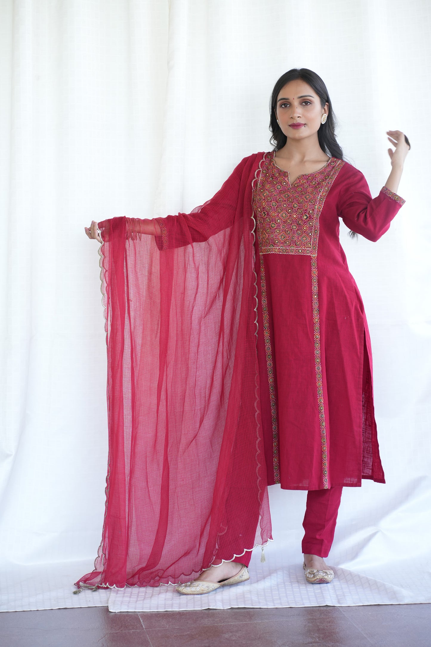 Red cotton Slub Ajrakh patched suitset