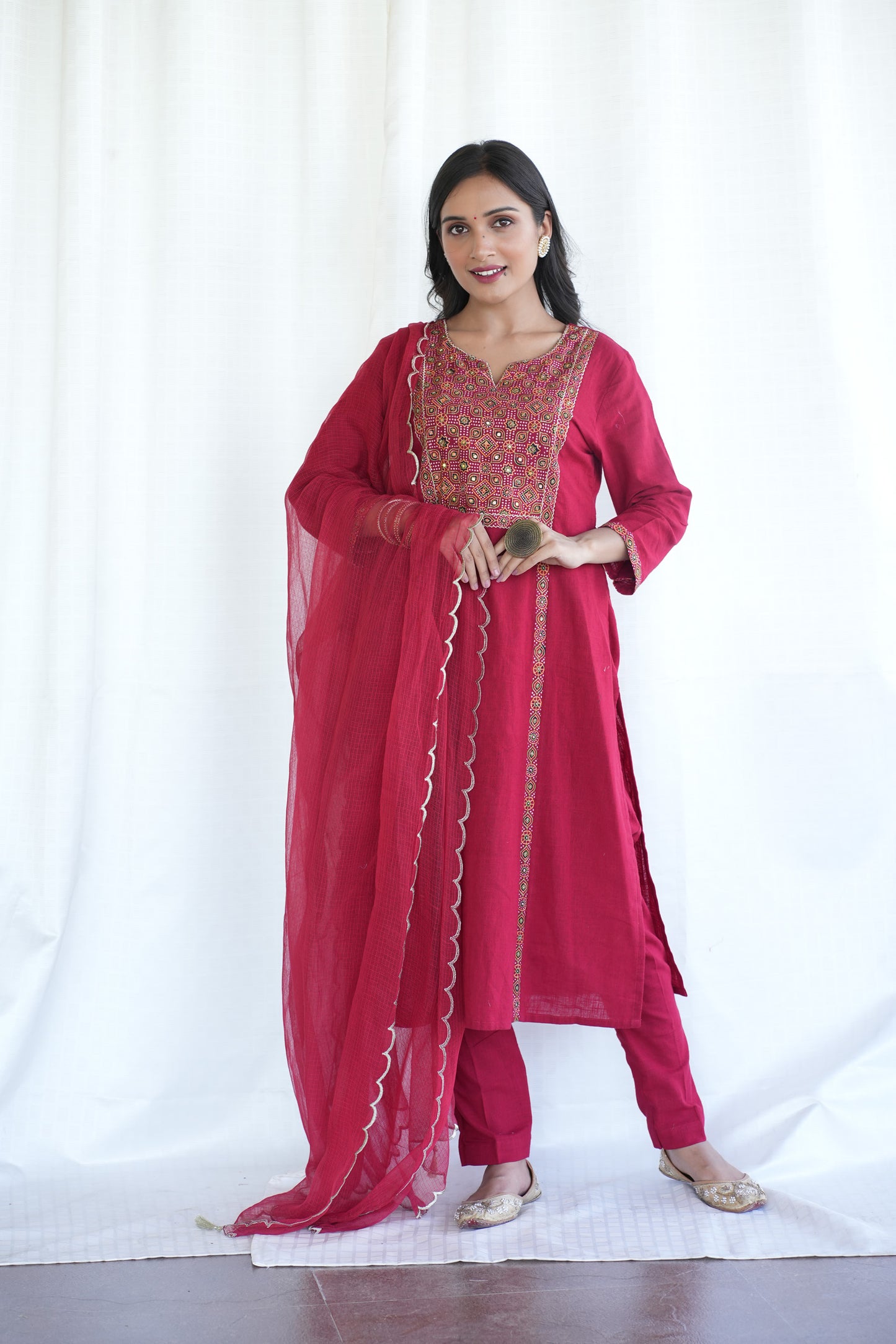 Red Ajrakh patched Cotton slub Kurta Pant
