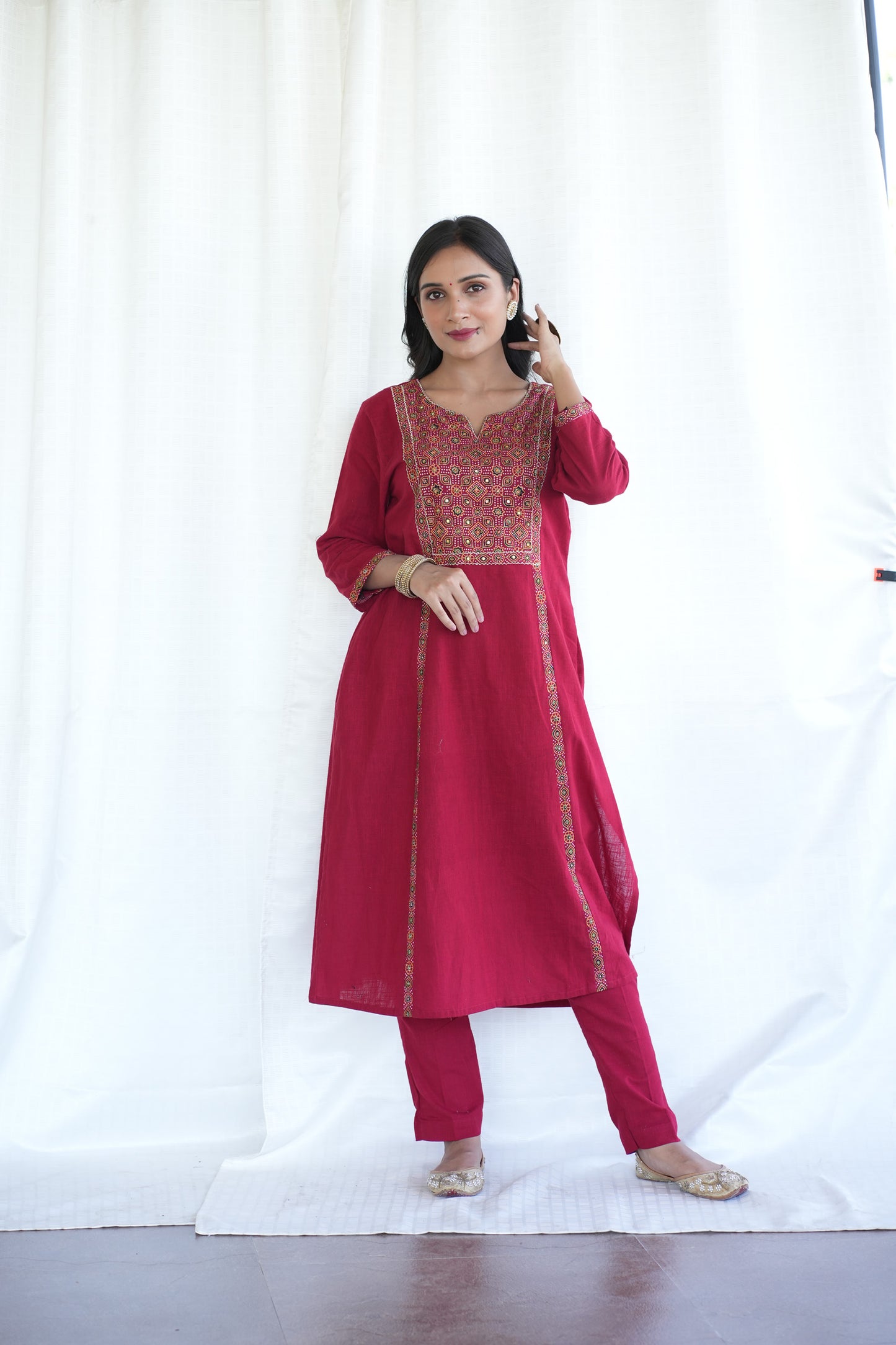 Red cotton Slub Ajrakh patched suitset