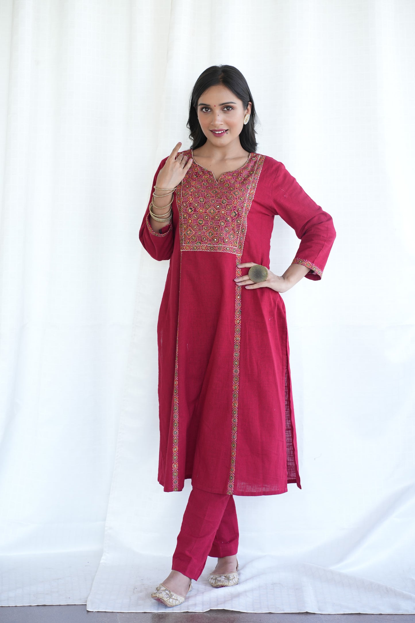 Red Ajrakh patched Cotton slub Kurta Pant