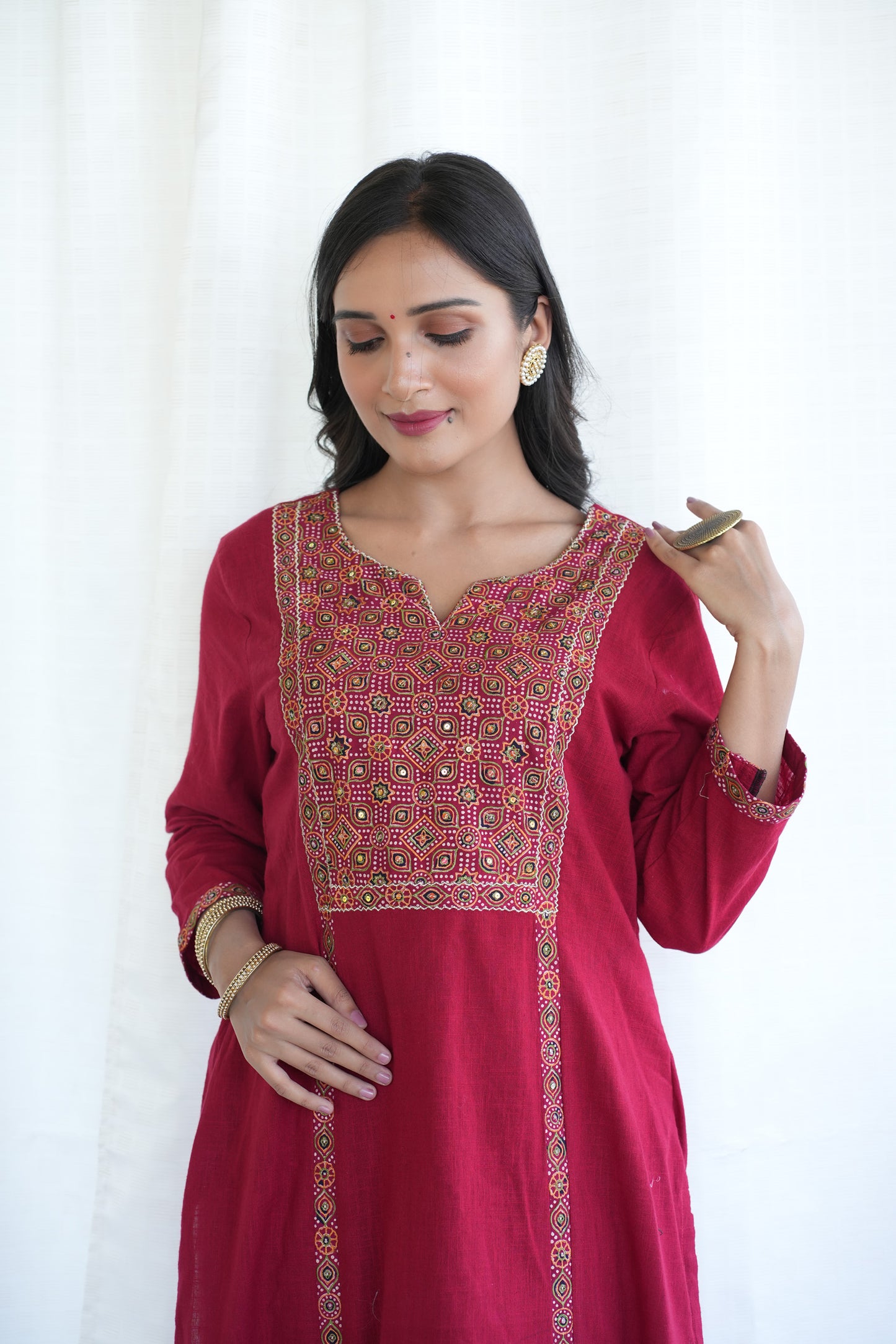 Red cotton Slub Ajrakh patched suitset