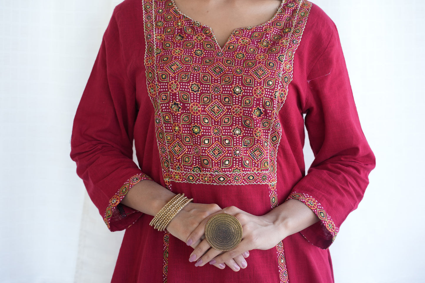 Red Ajrakh patched Cotton slub Kurta Pant
