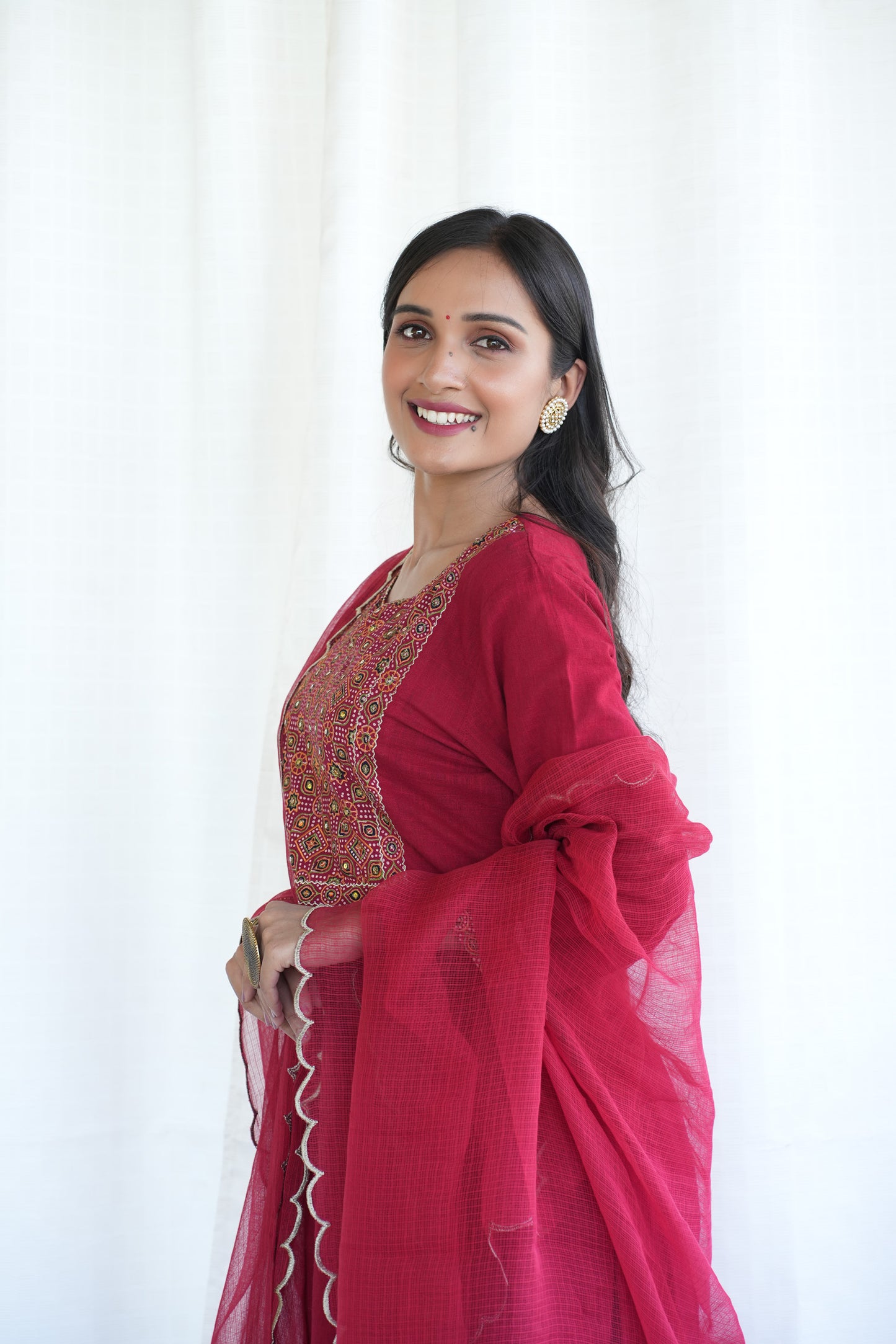 Red Ajrakh patched Cotton slub Kurta Pant