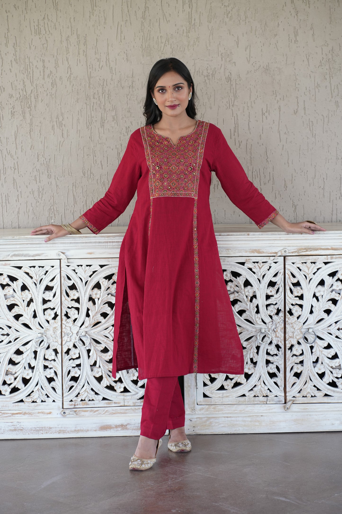 Red Ajrakh patched Cotton slub Kurta Pant