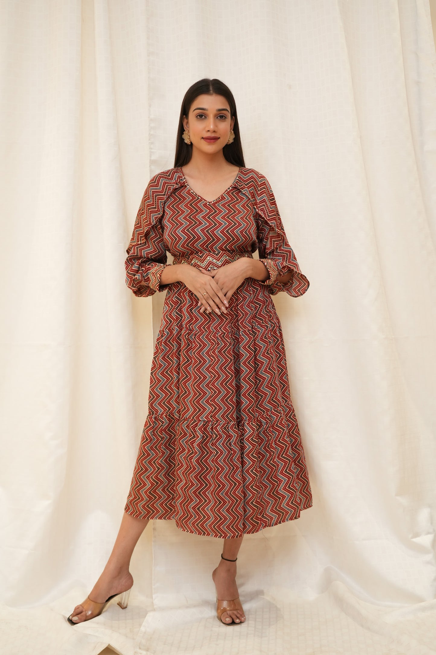Red Zigzag ajrakh sequence embellished petal sleeve tier dress