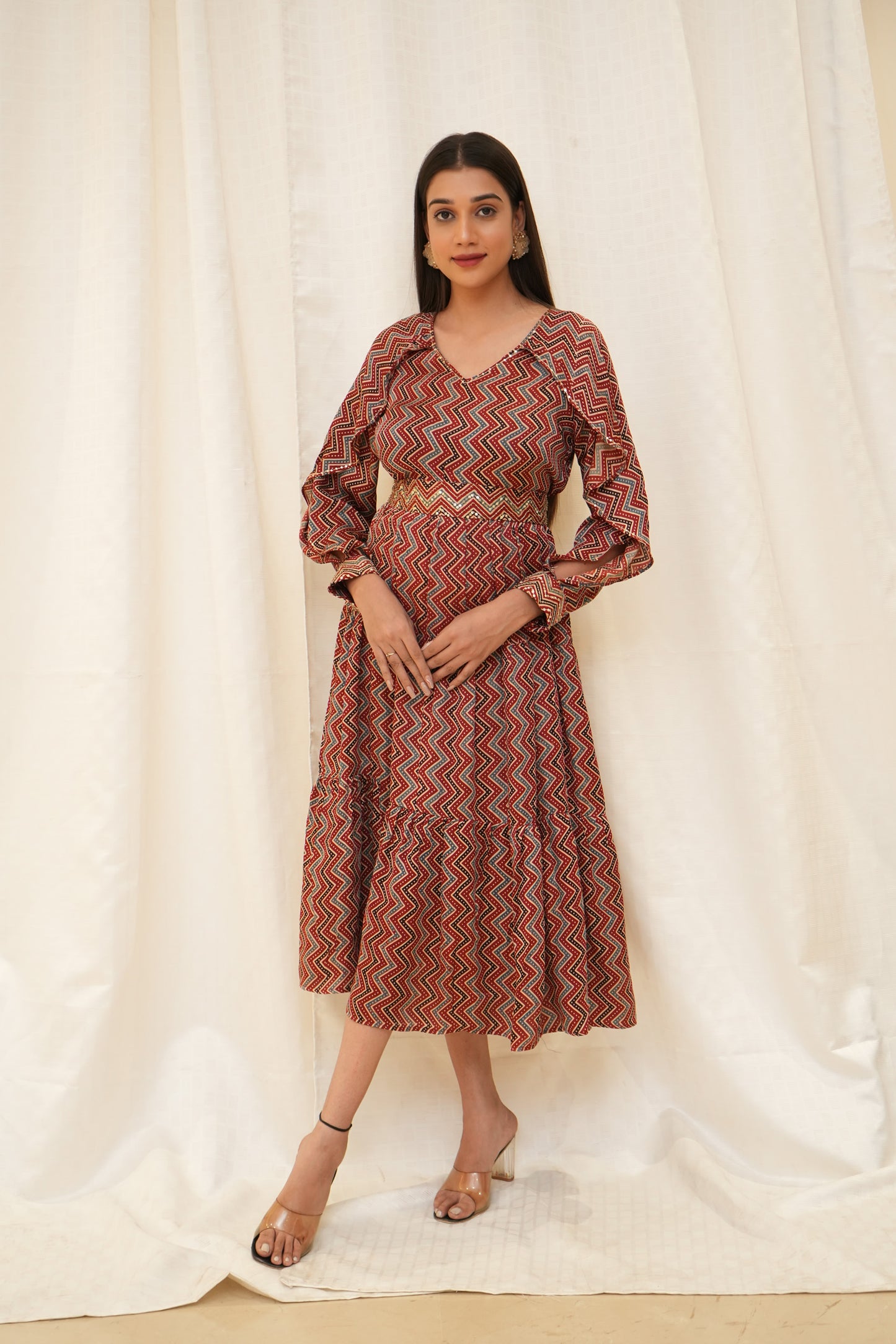 Red Zigzag ajrakh sequence embellished petal sleeve tier dress