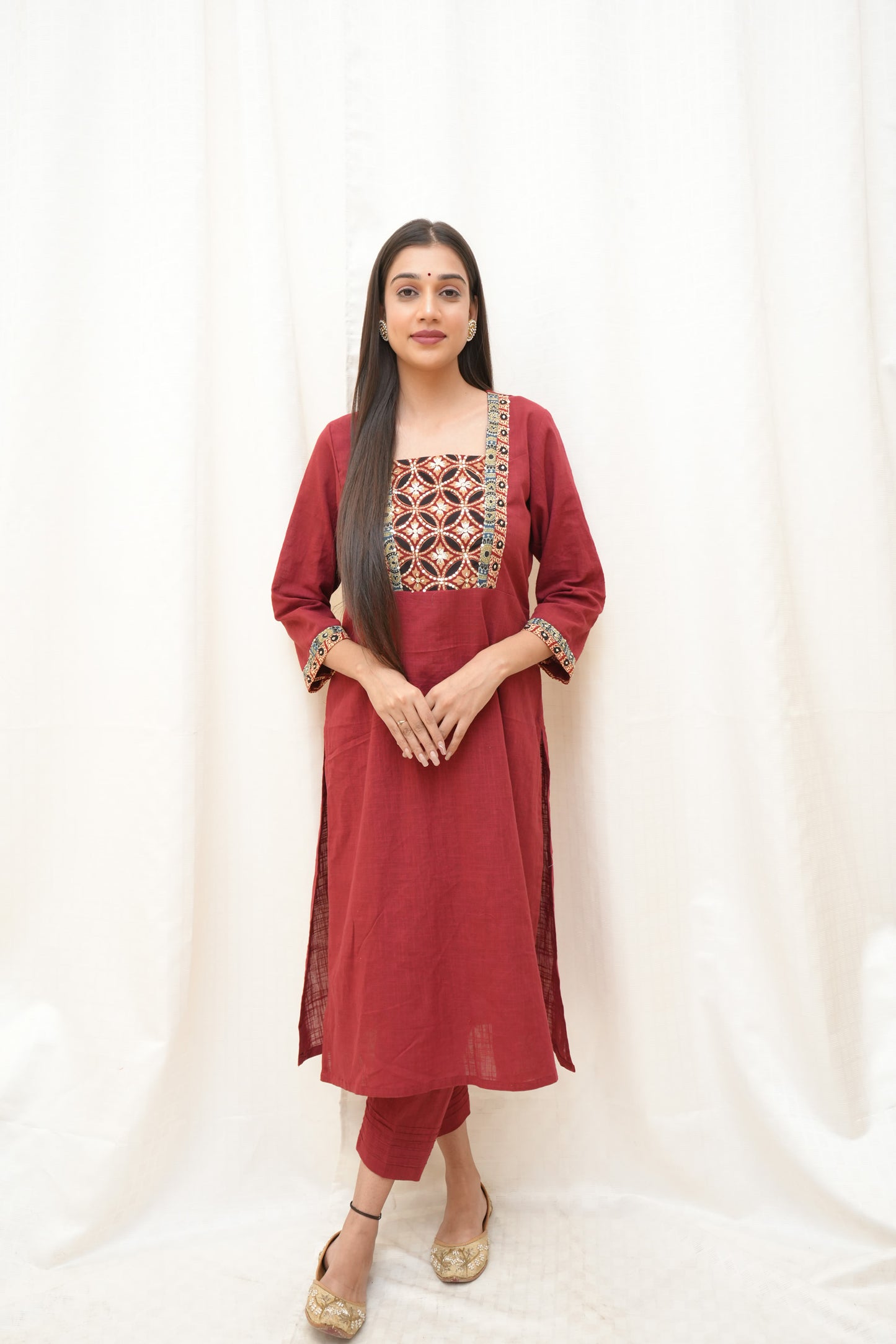 Rust patch work kurta