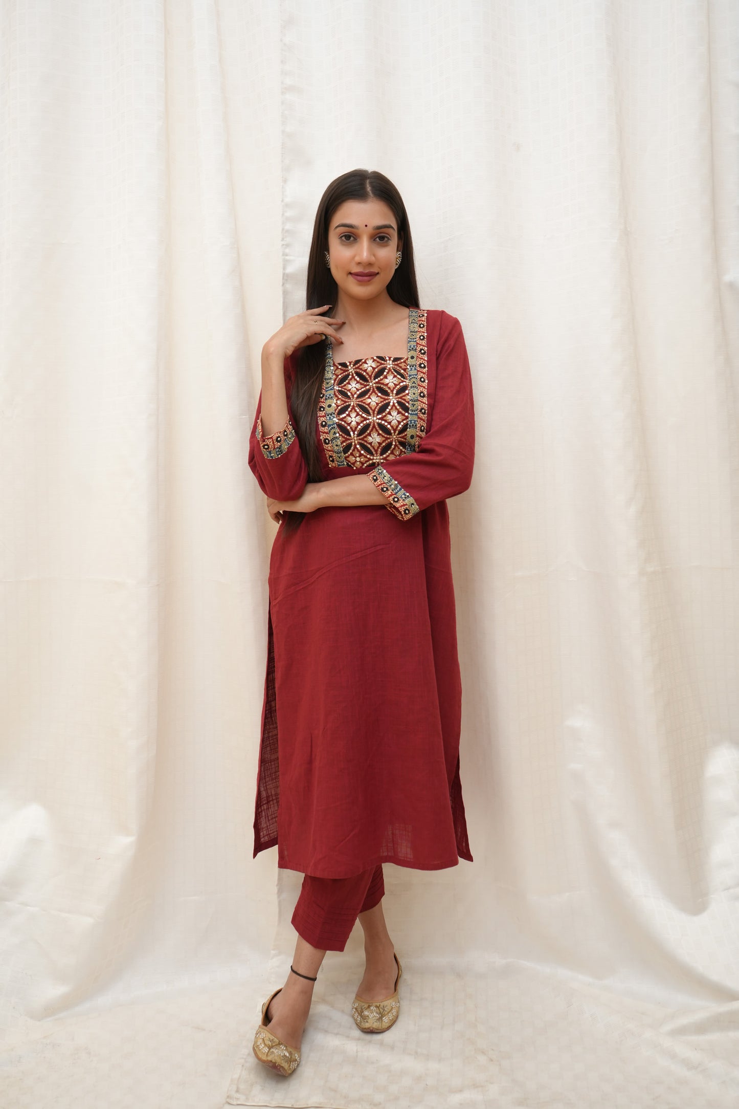 Rust patch work kurta