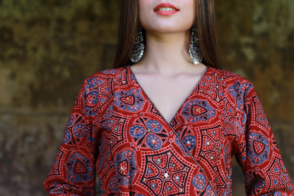 Red Ajrakh Angrakha Style Kurta