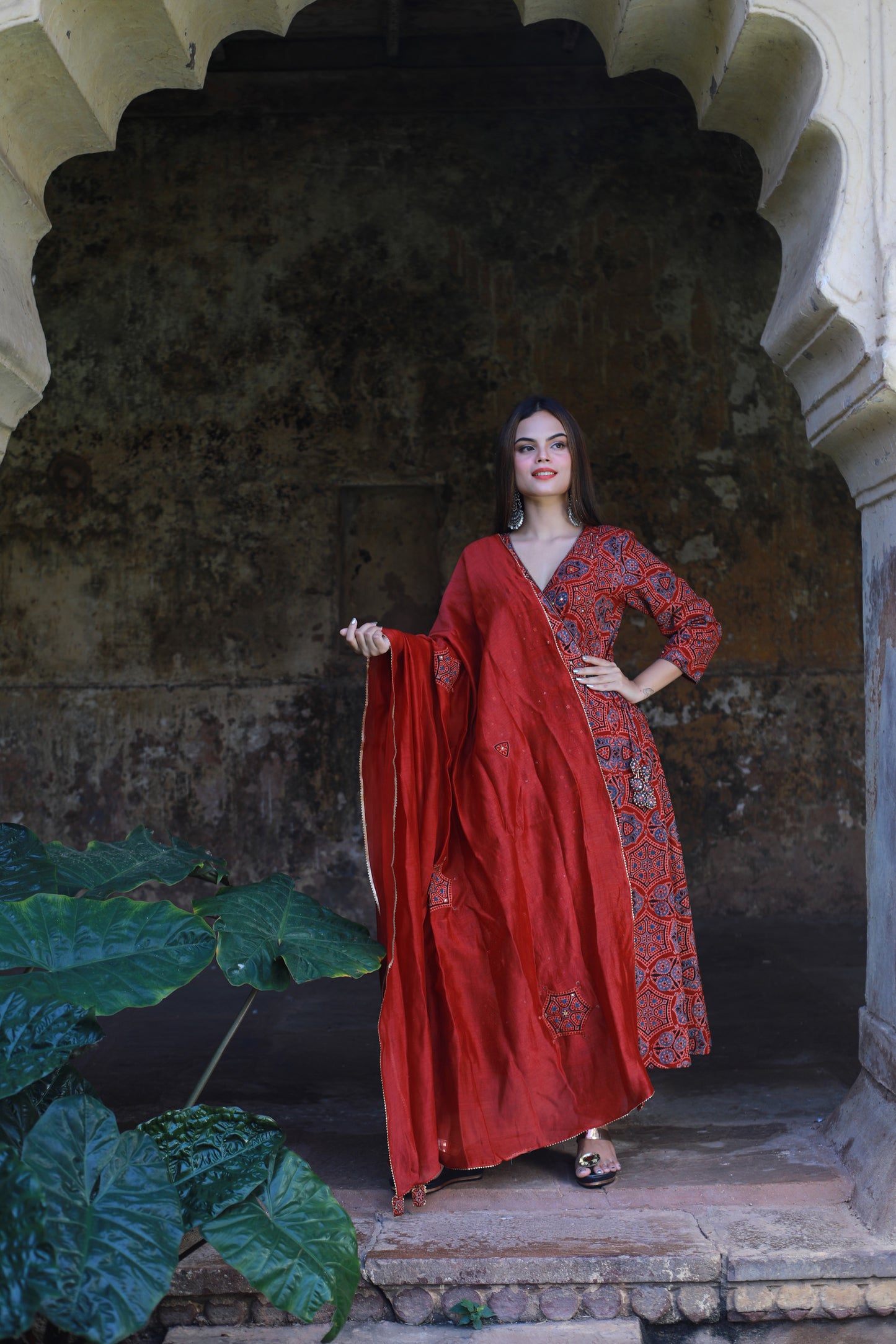 Red ajrakh Angarkha style suitset