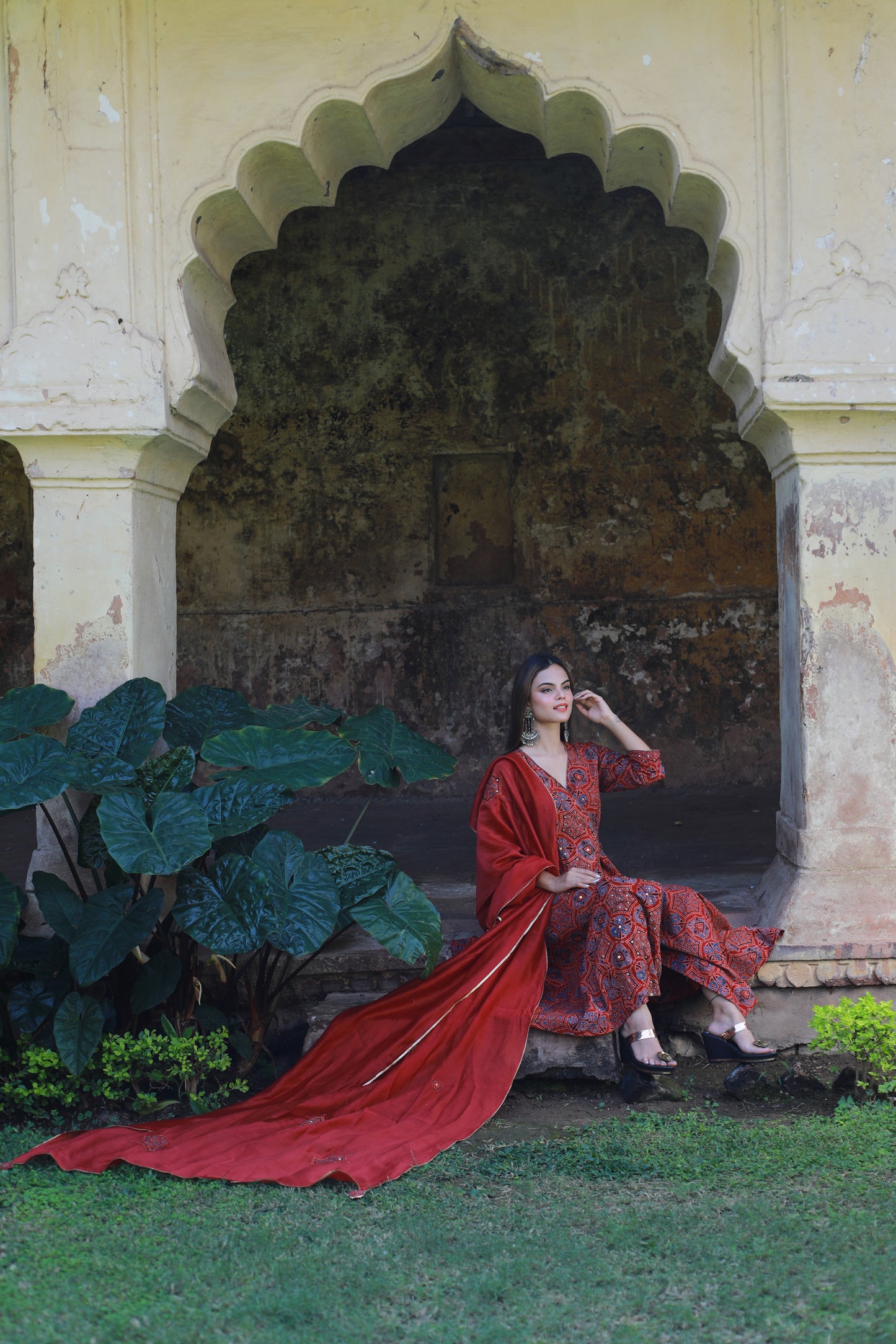Red ajrakh Angarkha style suitset