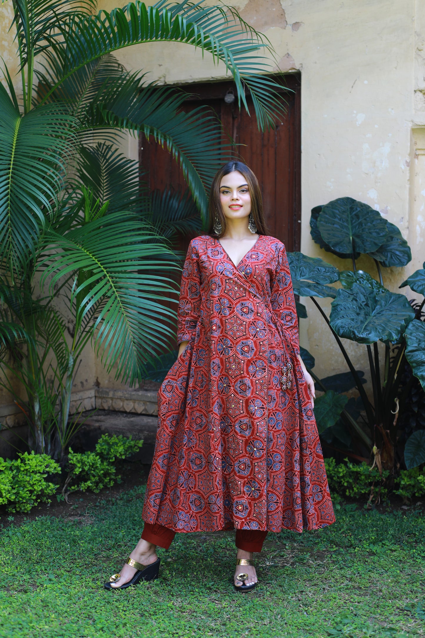 Red ajrakh Angarkha style suitset