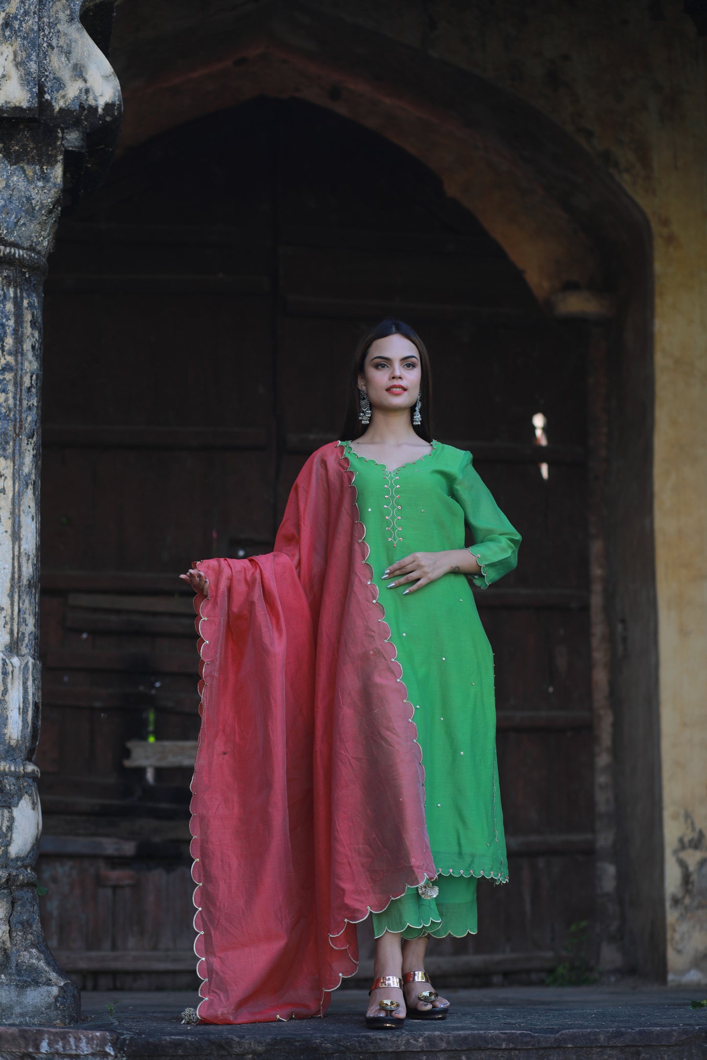 Parrot green sequence embellished chanderi suitset