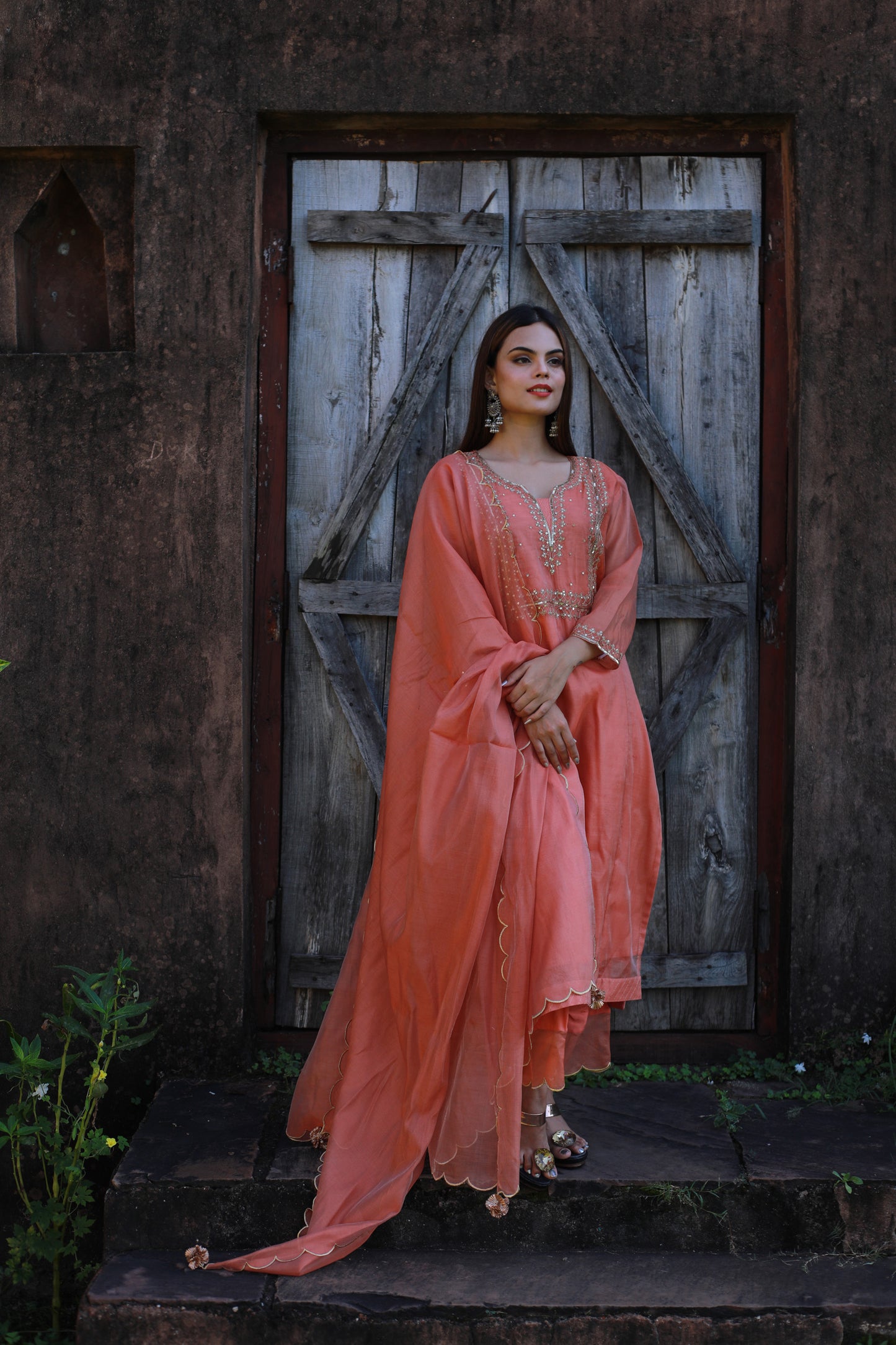 Golden Embroidered Dori And Sequence Embellished Chanderi Silk Suit Set