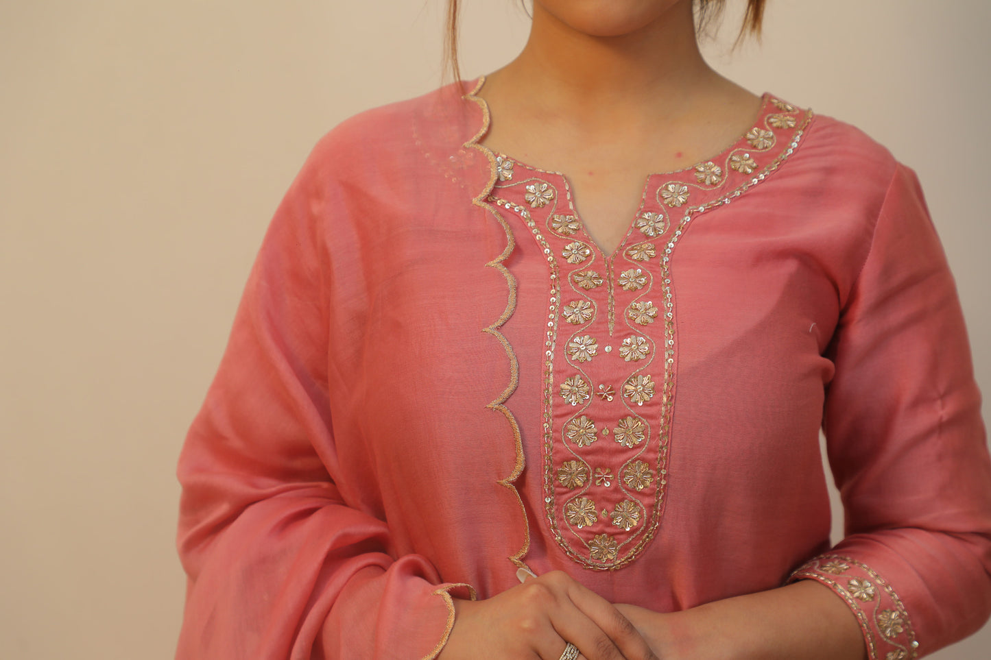 Rosegold Chanderi silk with Zari Embroidery