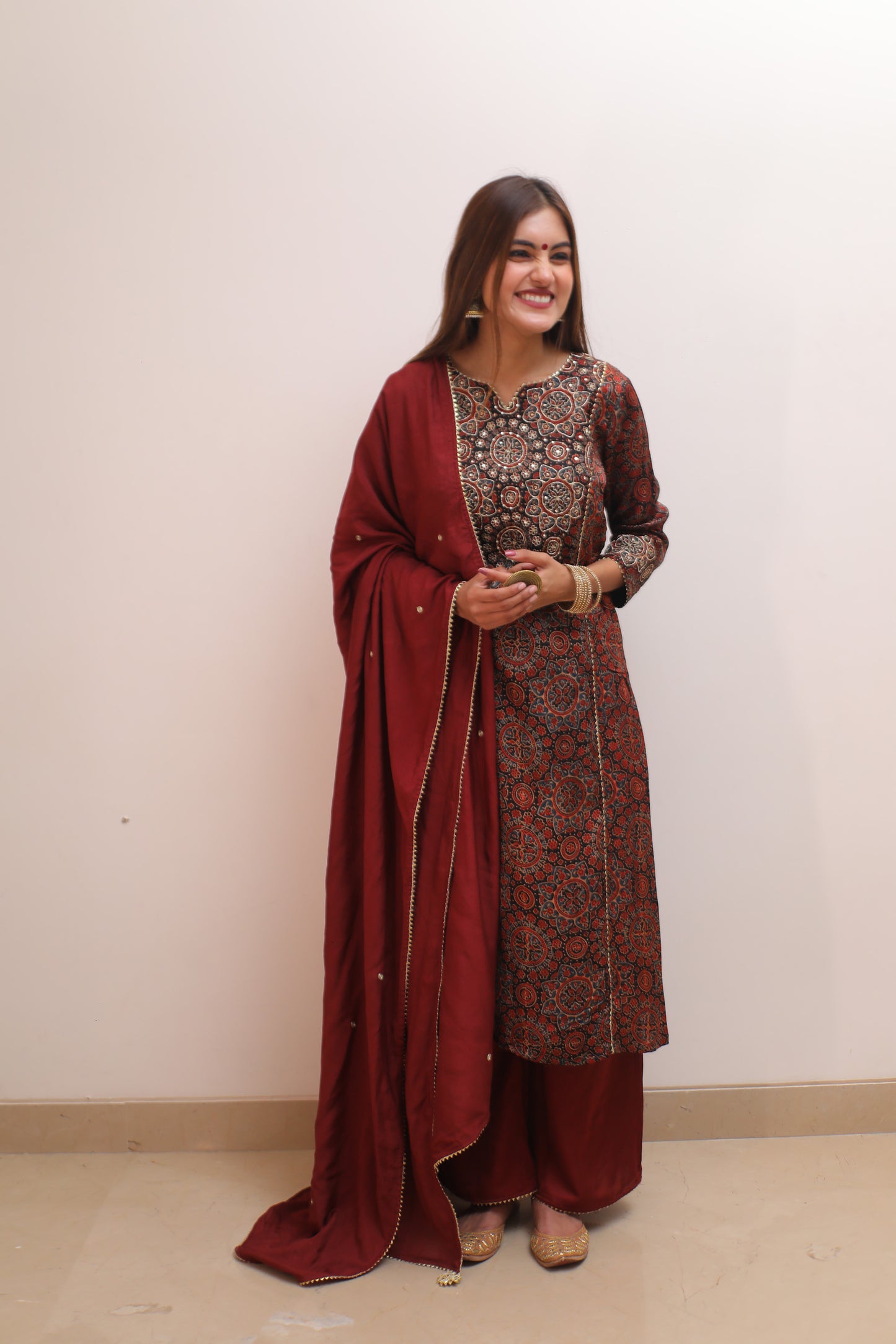 Black Maroon ajrakh print Modal Zari zardozi embellished suit set