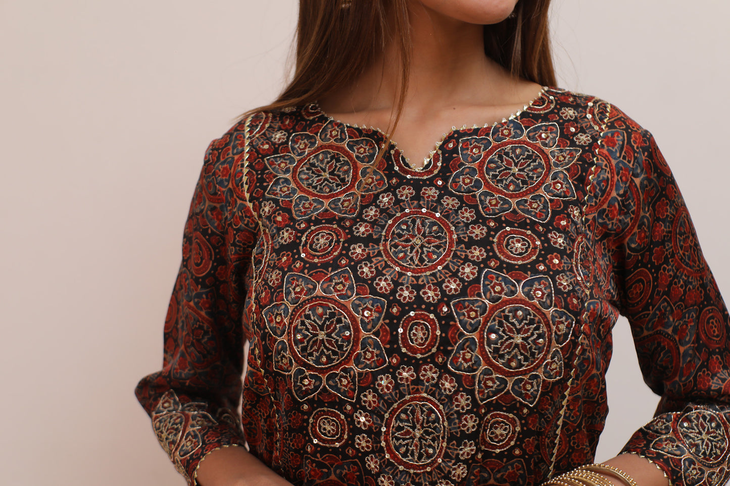 Black Maroon ajrakh print Modal Zari zardozi embellished suit set
