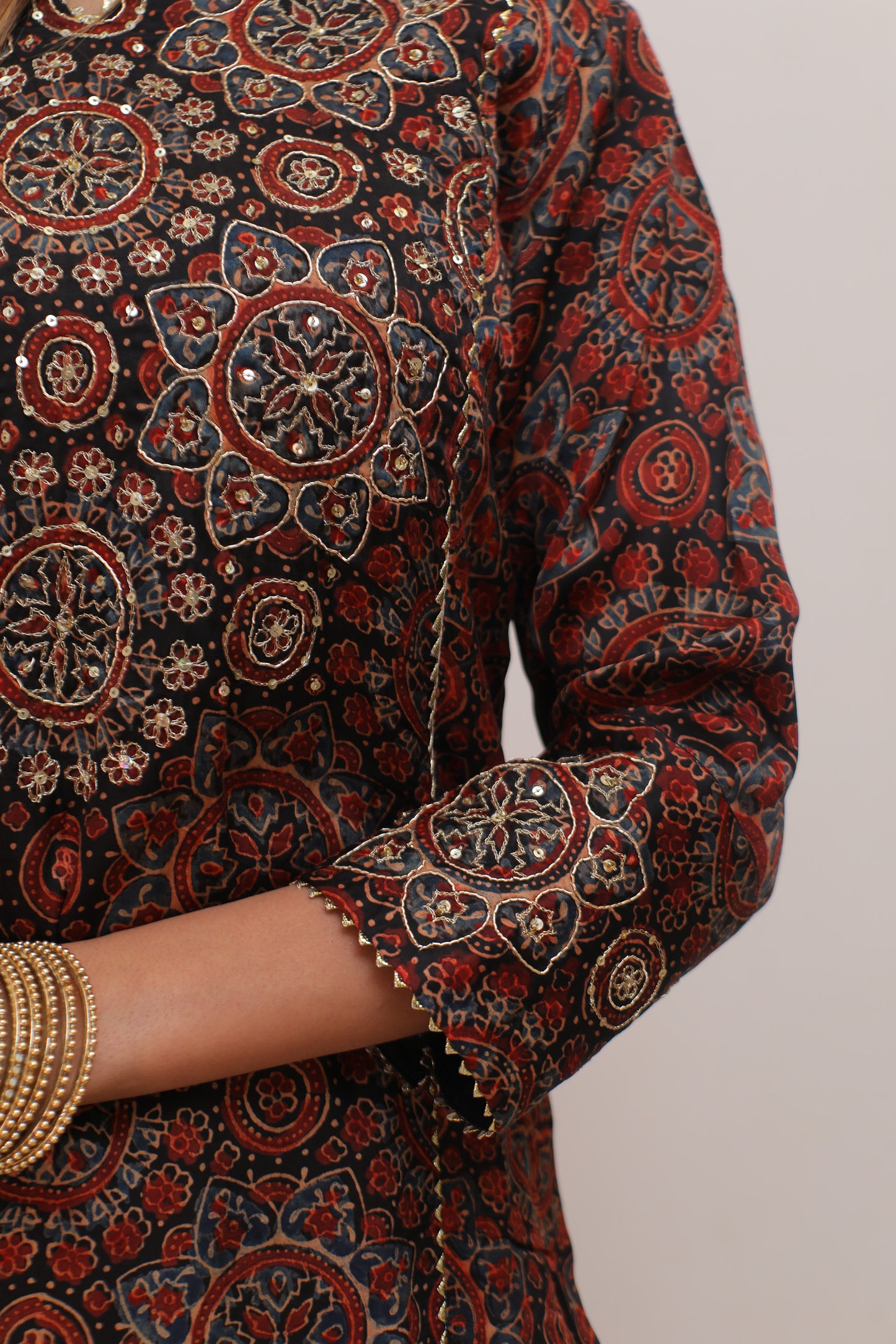Black Maroon ajrakh print Modal Zari zardozi embellished suit set