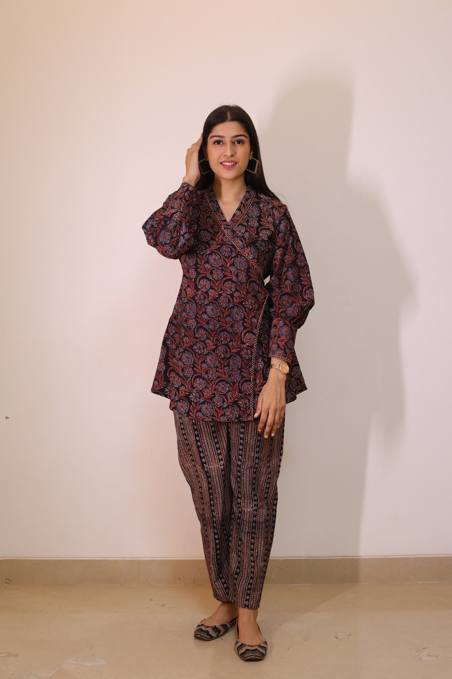 Black Ajrakh print Wrap top