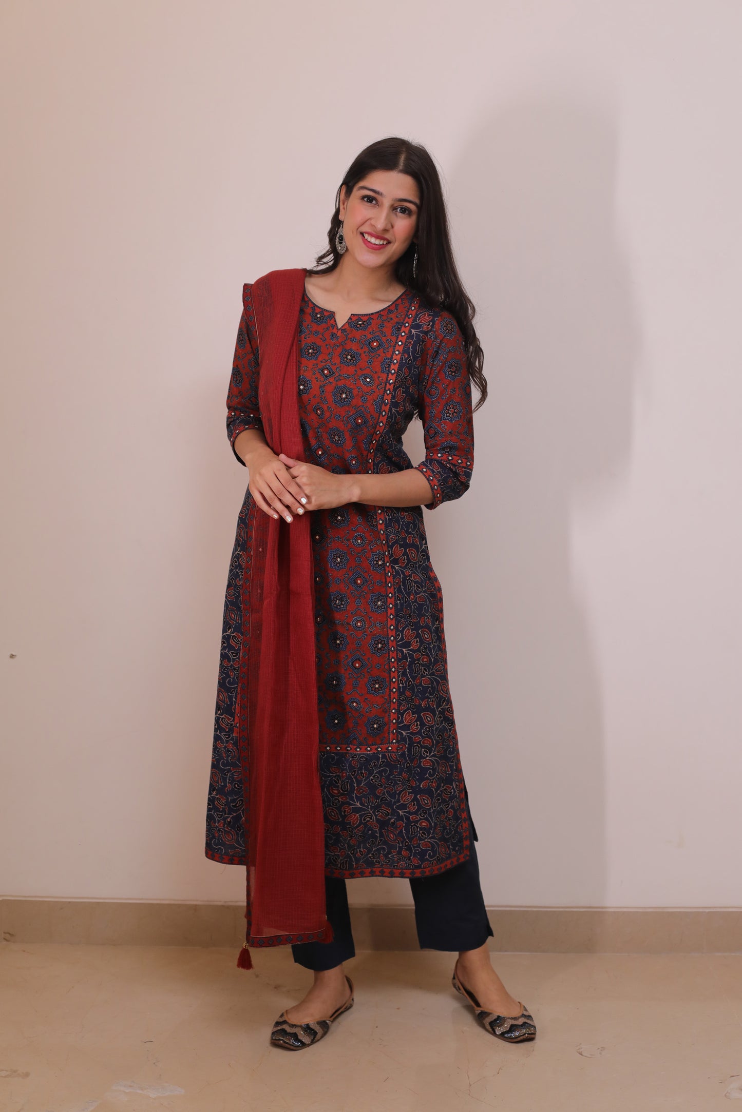 Red blue ajrakh suit with sequence embellishments