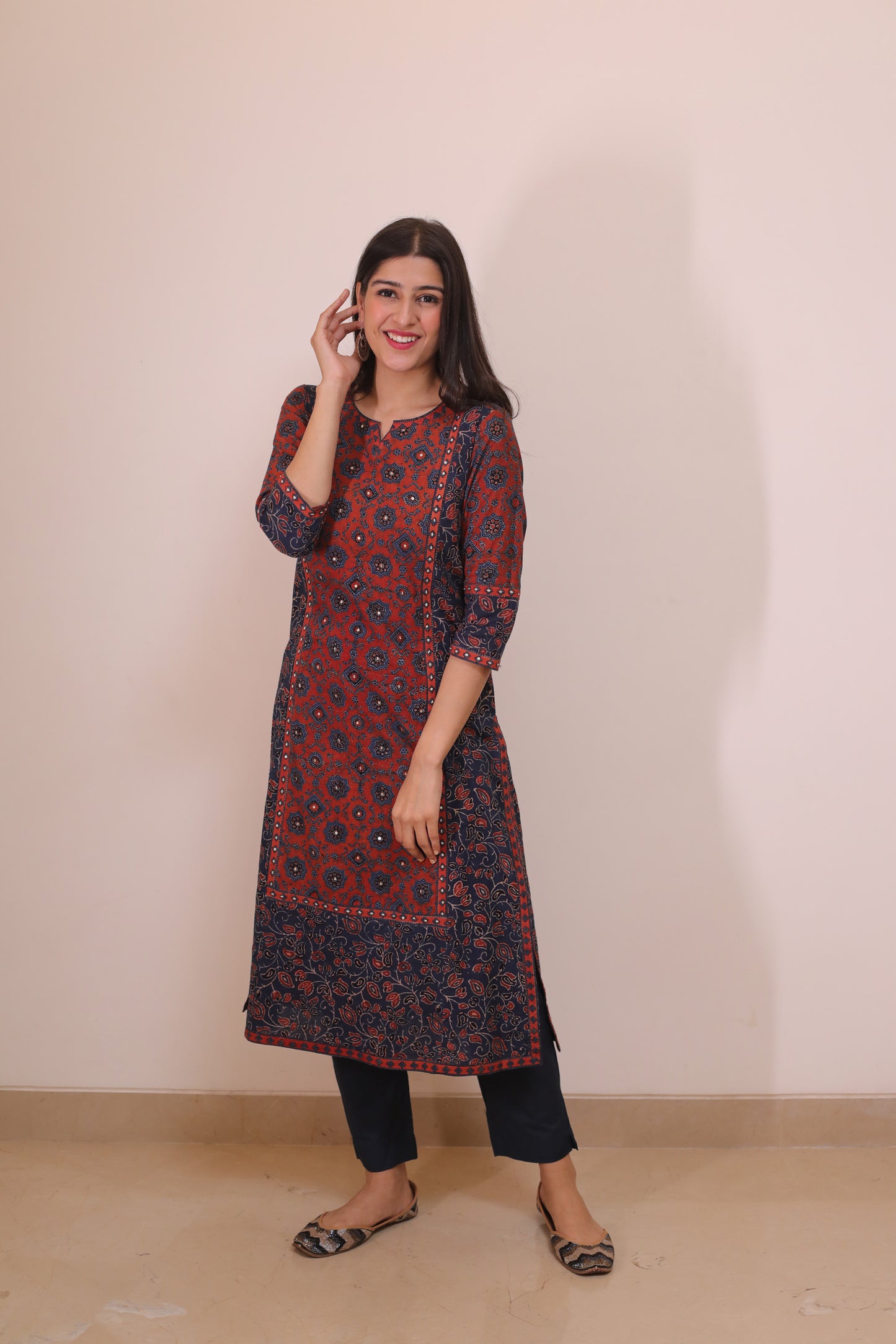 Red blue ajrakh suit with sequence embellishments