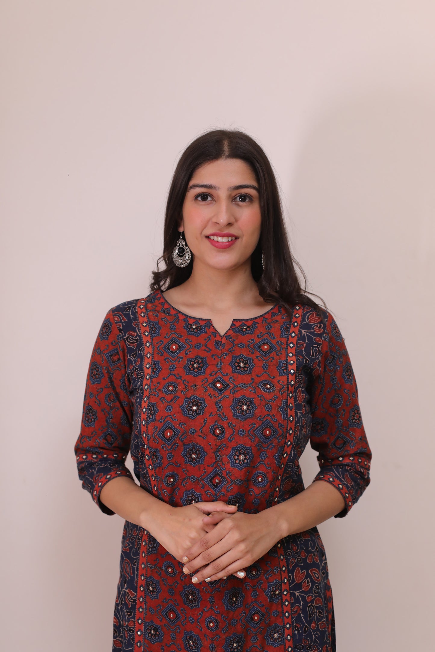 Red blue ajrakh suit with sequence embellishments